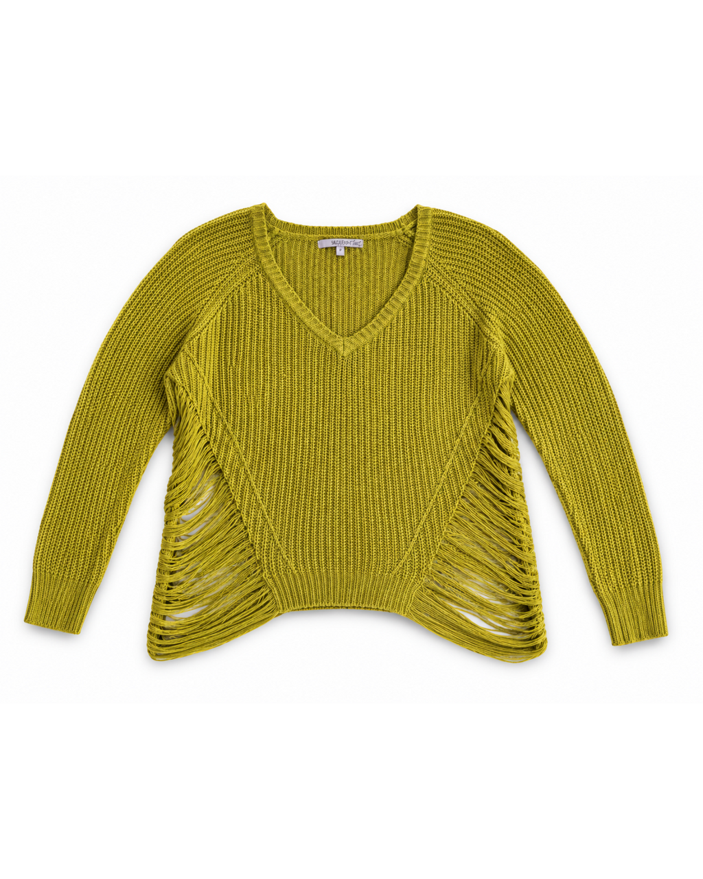 Blusa de tricô verde oliva BAZAR OFICIAL EFATA com decote em V, mangas longas e detalhes de franjas nas laterais.