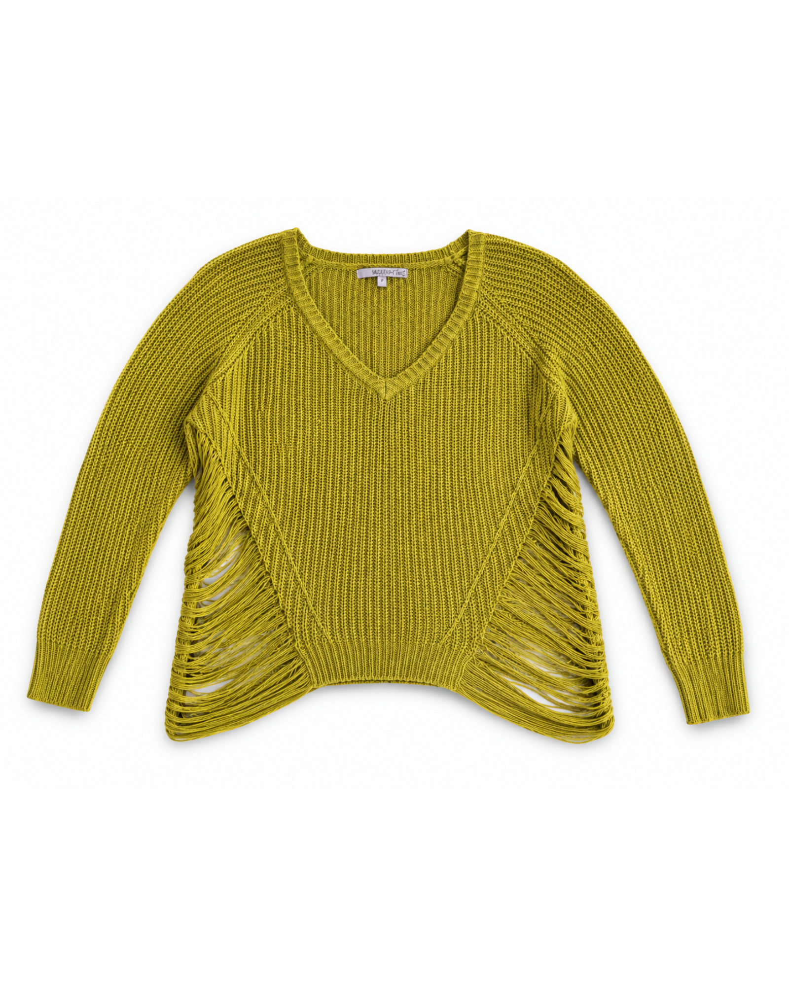 Blusa de tricô verde oliva BAZAR OFICIAL EFATA com decote em V, mangas longas e detalhes de franjas nas laterais.