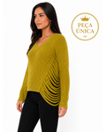 Blusa de tricô verde oliva BAZAR OFICIAL EFATA com decote em V, mangas longas e franjas vazadas nas laterais.