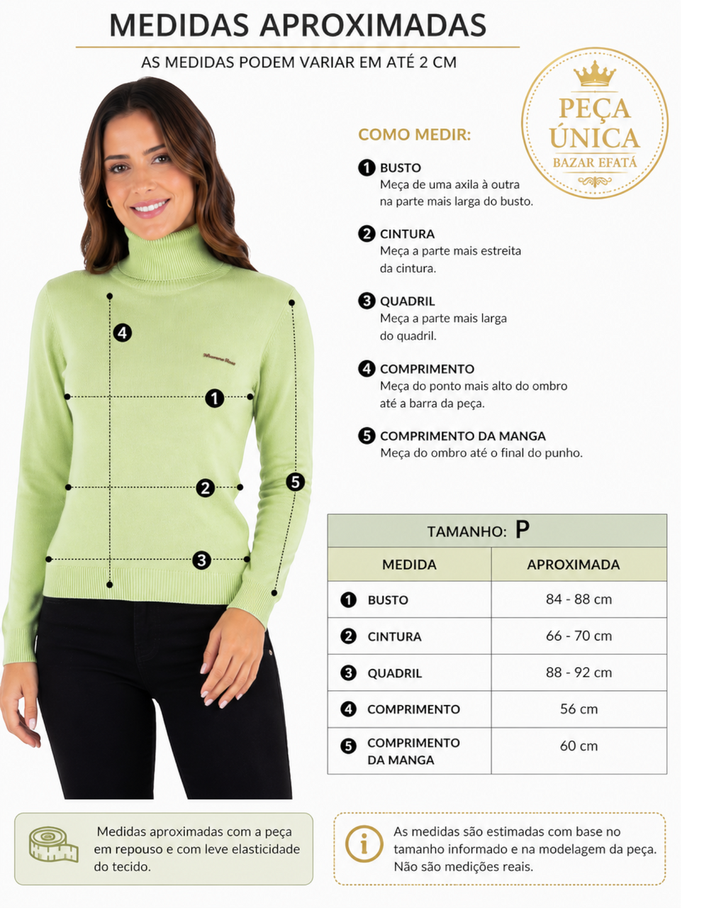 Modelo vestindo blusa de tricô verde claro de gola alta Morena Rosa com tabela de medidas do BAZAR OFICIAL EFATA