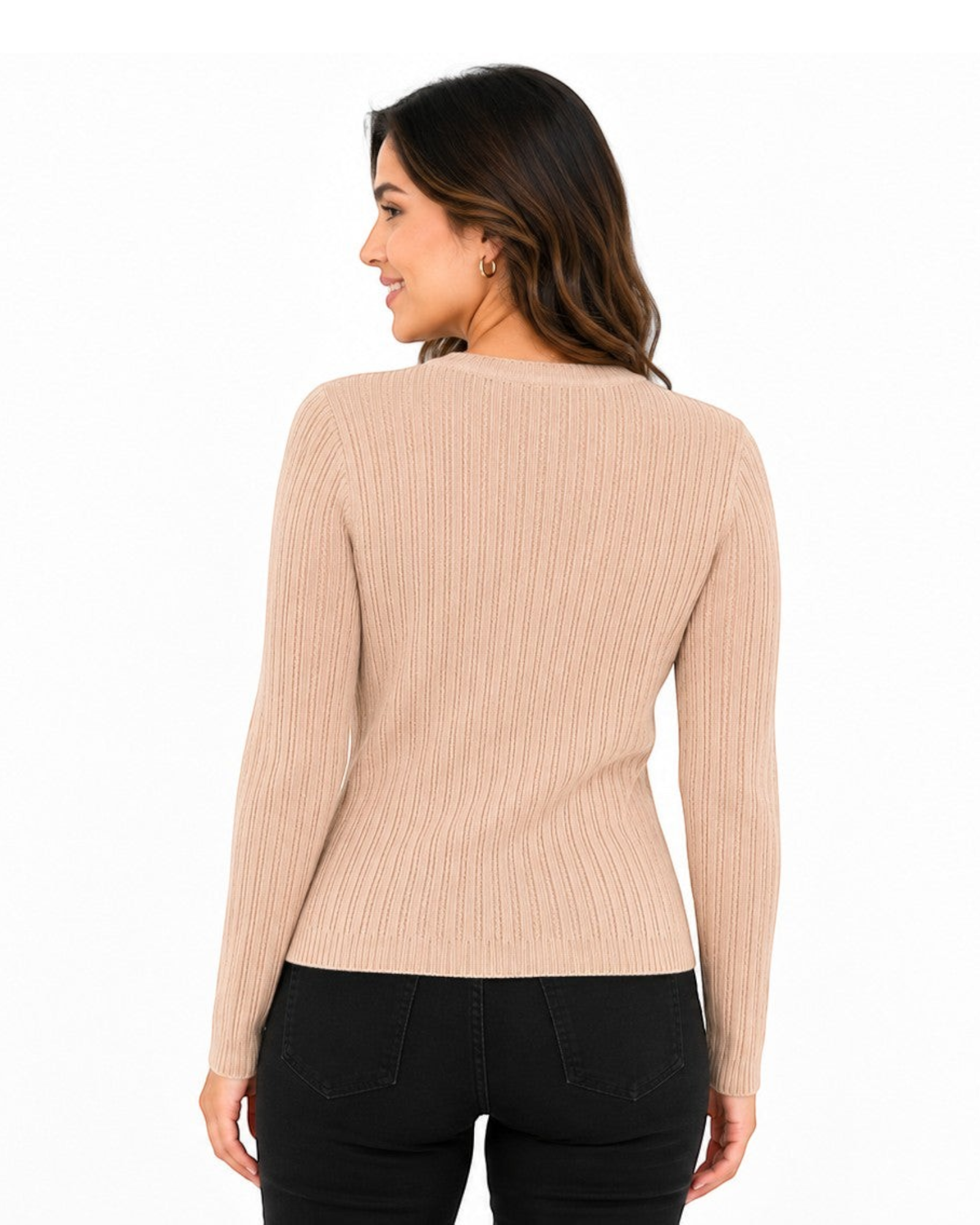 Blusa feminina de tricô canelado bege claro com manga longa, vista de costas, disponível no BAZAR OFICIAL EFATA.