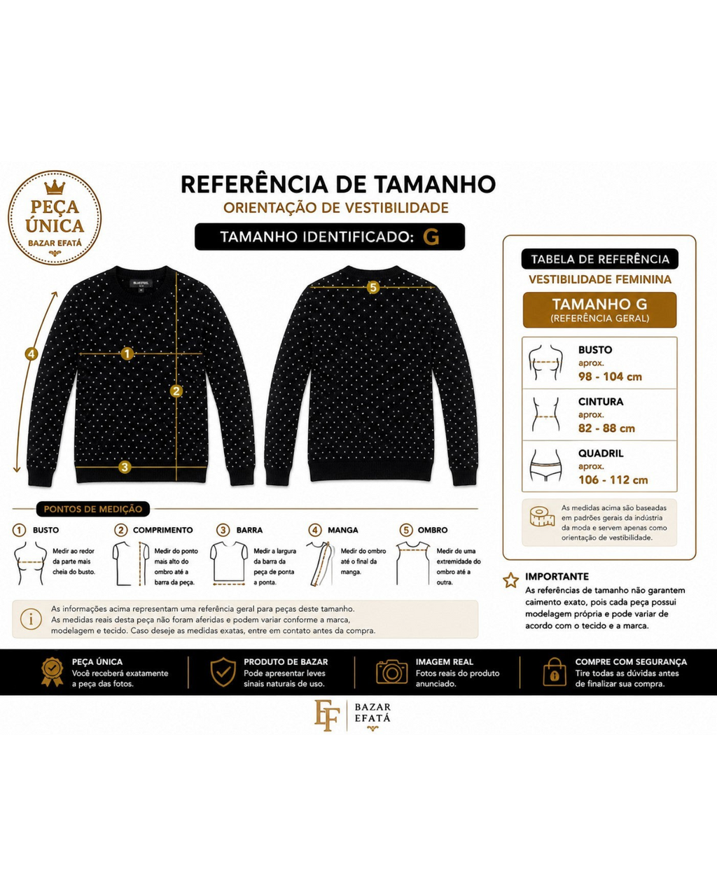 Blusa feminina Bluesteel de tricô preta com poás brancos, manga longa e gola redonda, vendida pelo BAZAR OFICIAL EFATA