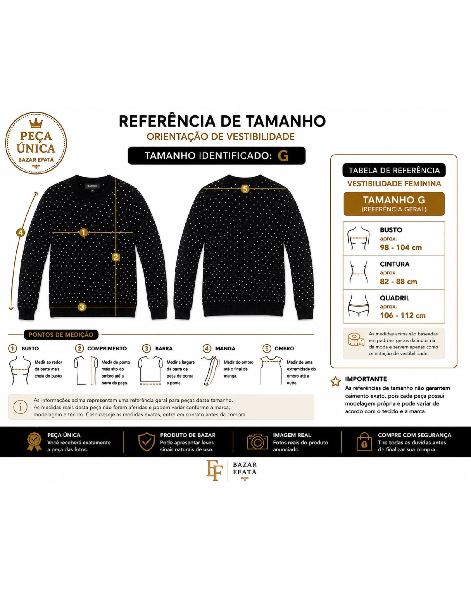 Blusa feminina Bluesteel de tricô preta com poás brancos, manga longa e gola redonda, vendida pelo BAZAR OFICIAL EFATA