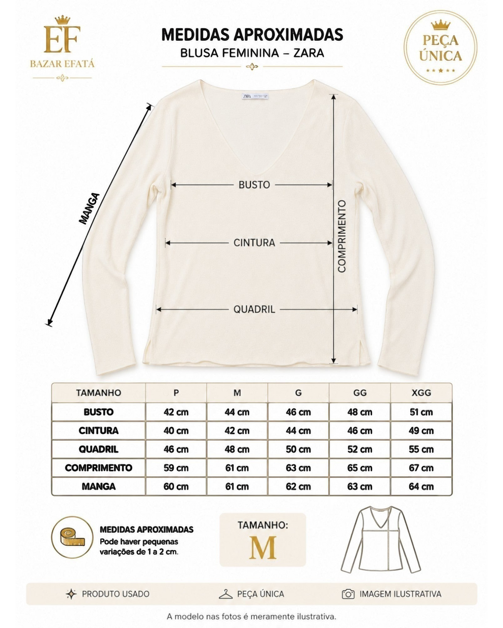 Blusa feminina Zara off white com decote V e manga longa, exibindo tabela de medidas do BAZAR OFICIAL EFATA