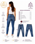 Calça jeans feminina Zara skinny azul com detalhes destroyed e barra desfiada, exibida em modelo e em fotos de medidas.