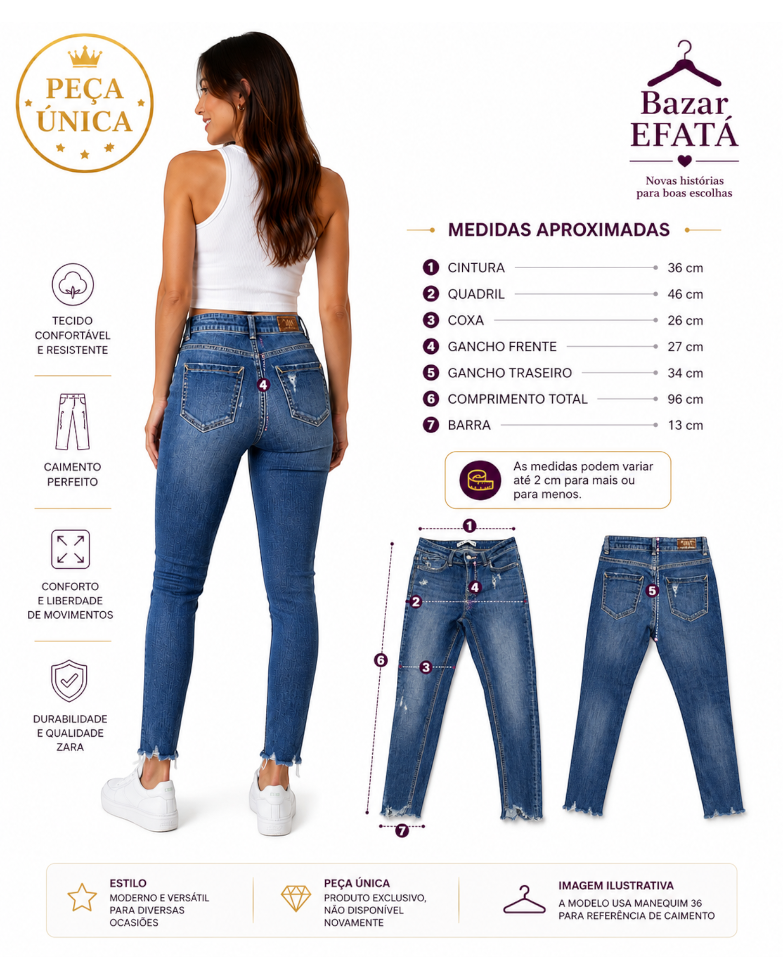 Calça jeans feminina Zara skinny azul com detalhes destroyed e barra desfiada, exibida em modelo e em fotos de medidas.
