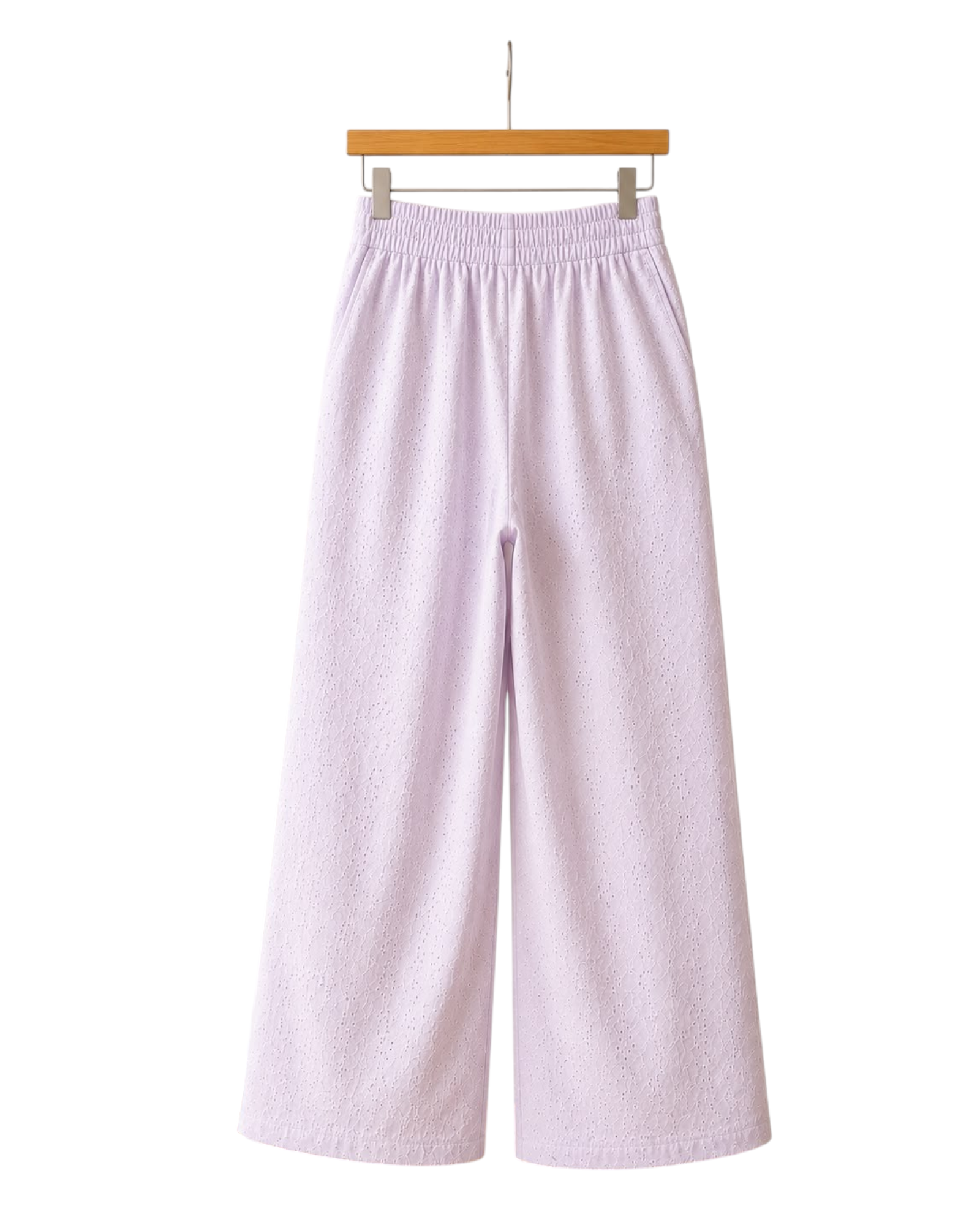 Calça pantalona lilás em laise com cós elástico e bolsos laterais, peça elegante e confortável do BAZAR OFICIAL EFATA