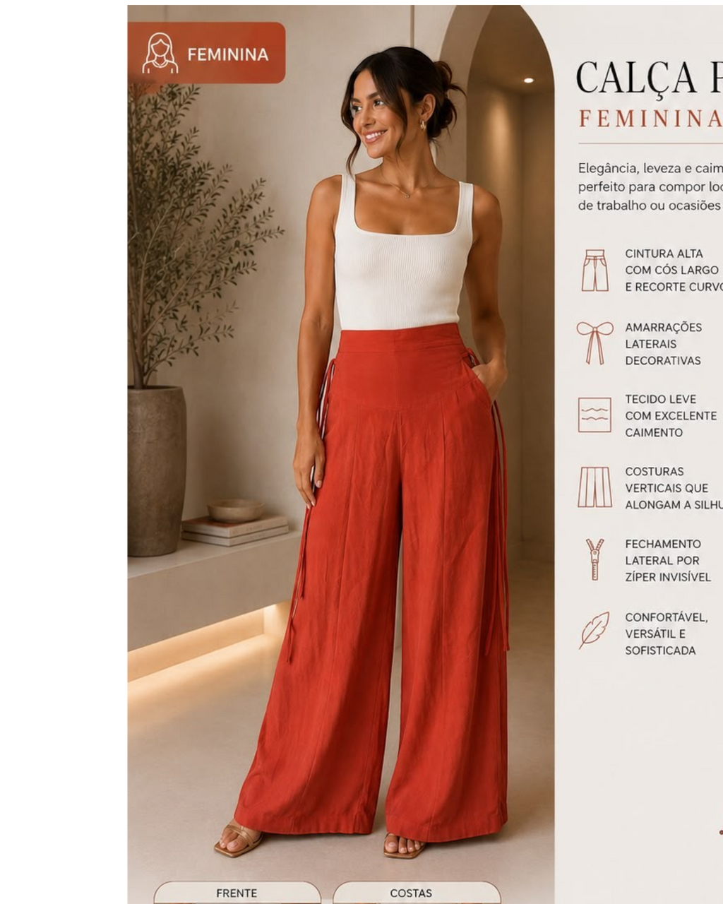 Calça pantalona feminina BAZAR OFICIAL EFATA terracota de cintura alta com amarração lateral e pernas amplas fluidas