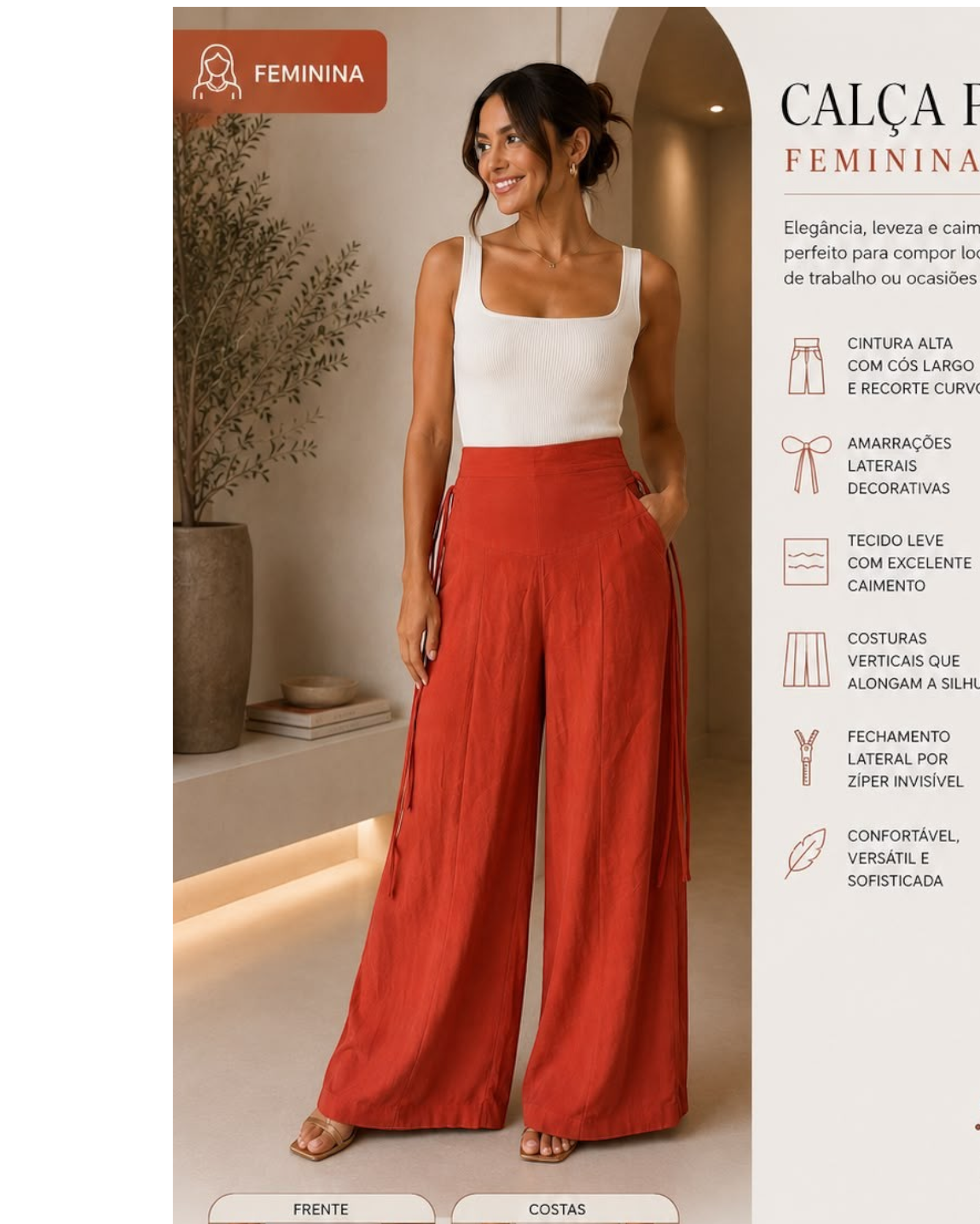 Calça pantalona feminina BAZAR OFICIAL EFATA terracota de cintura alta com amarração lateral e pernas amplas fluidas