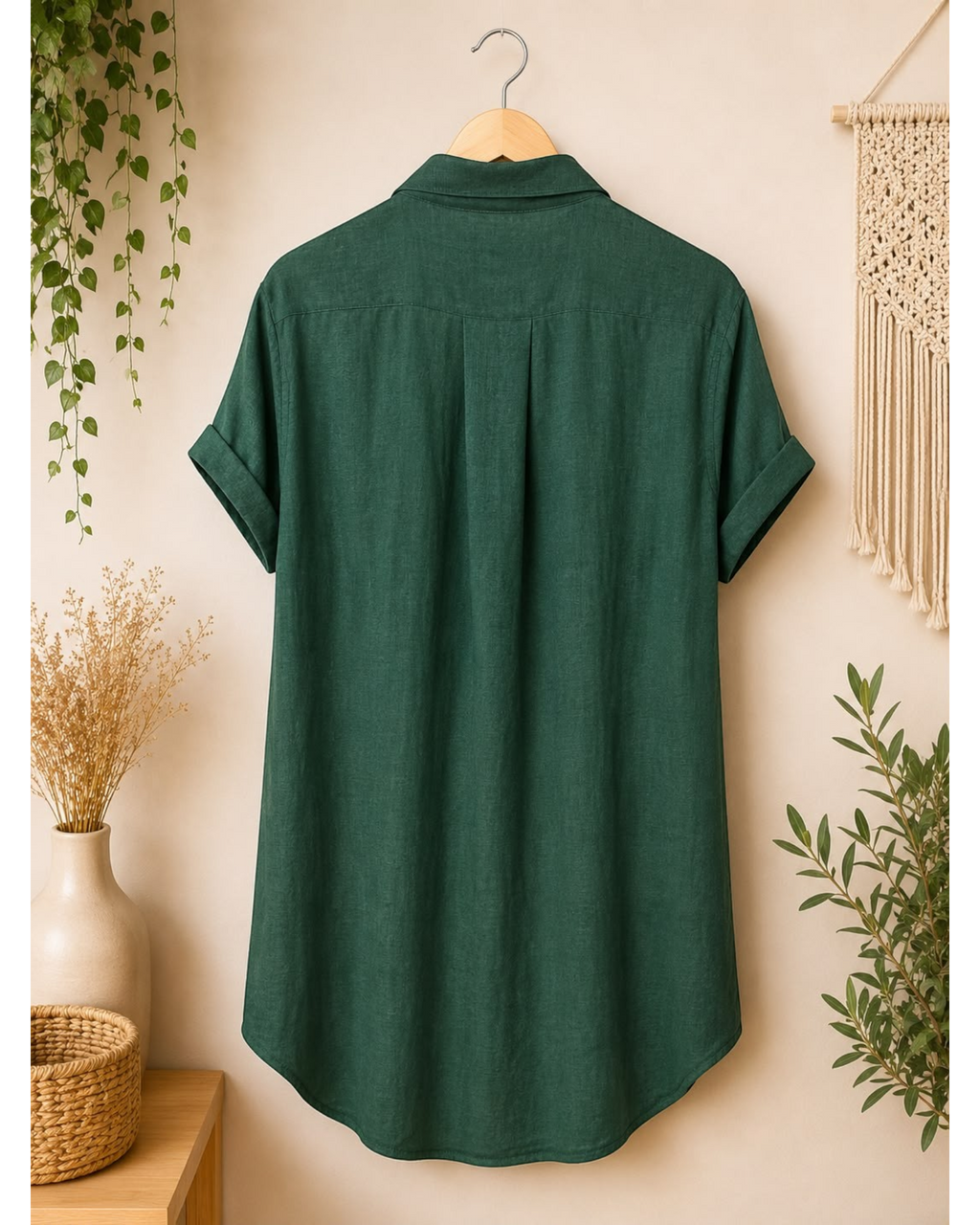 Vista traseira da camisa chemise verde musgo Bazar Oficial Efata com mangas curtas dobradas e barra arredondada.