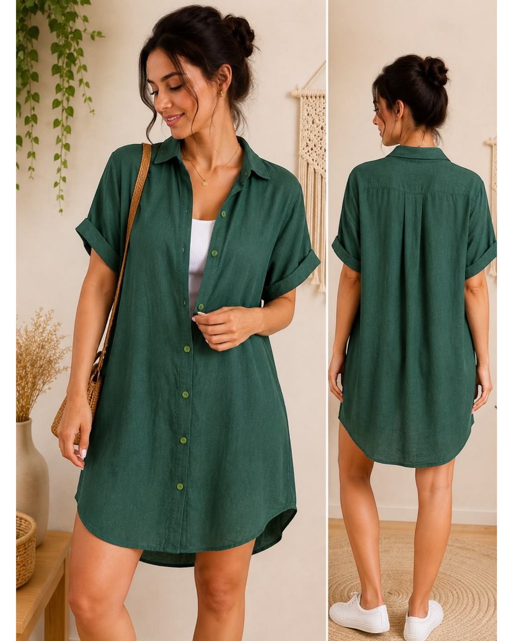 Modelo vestindo camisa chemise verde musgo BAZAR OFICIAL EFATA com botões frontais e mangas curtas dobradas