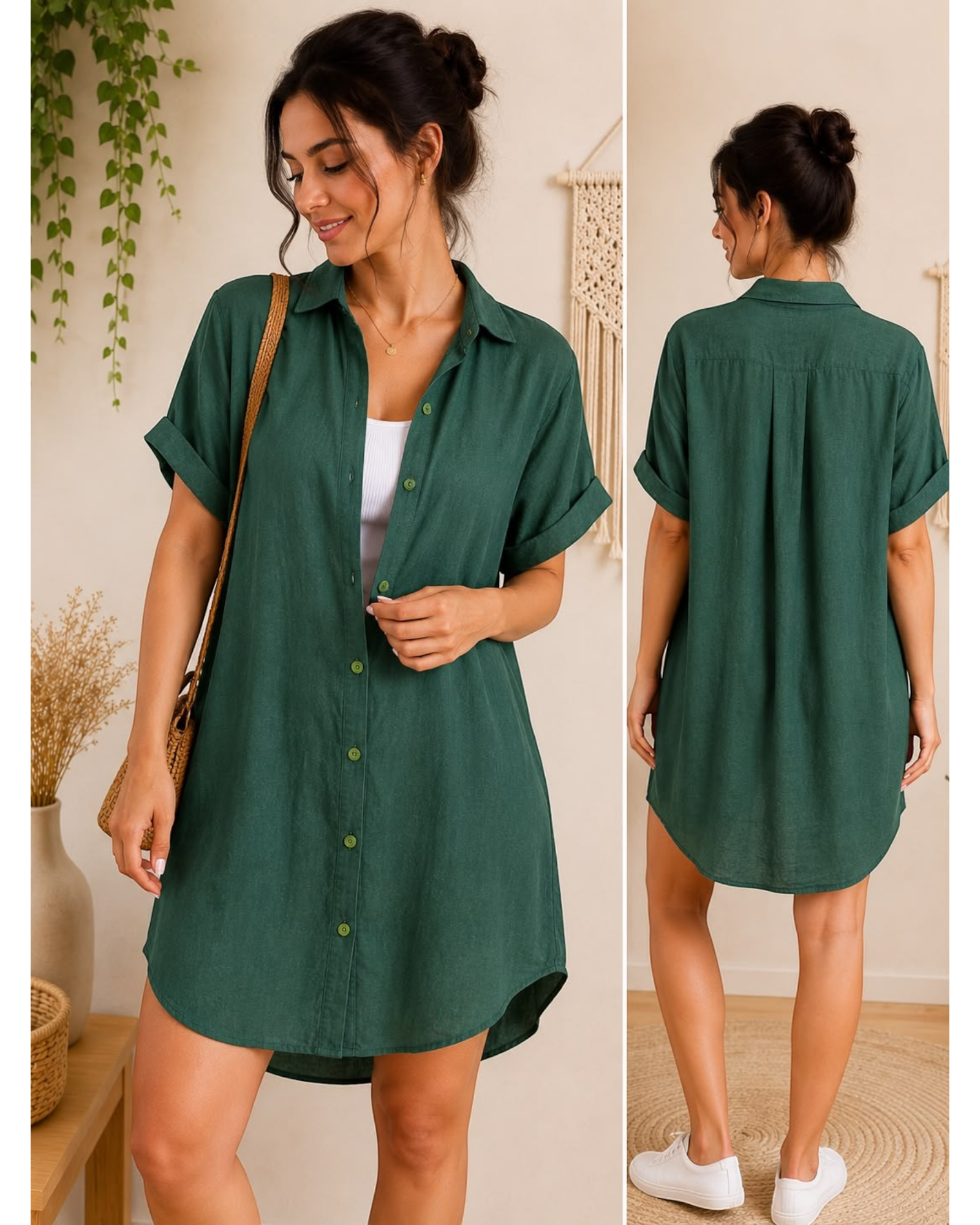 Modelo vestindo camisa chemise verde musgo BAZAR OFICIAL EFATA com botões frontais e mangas curtas dobradas