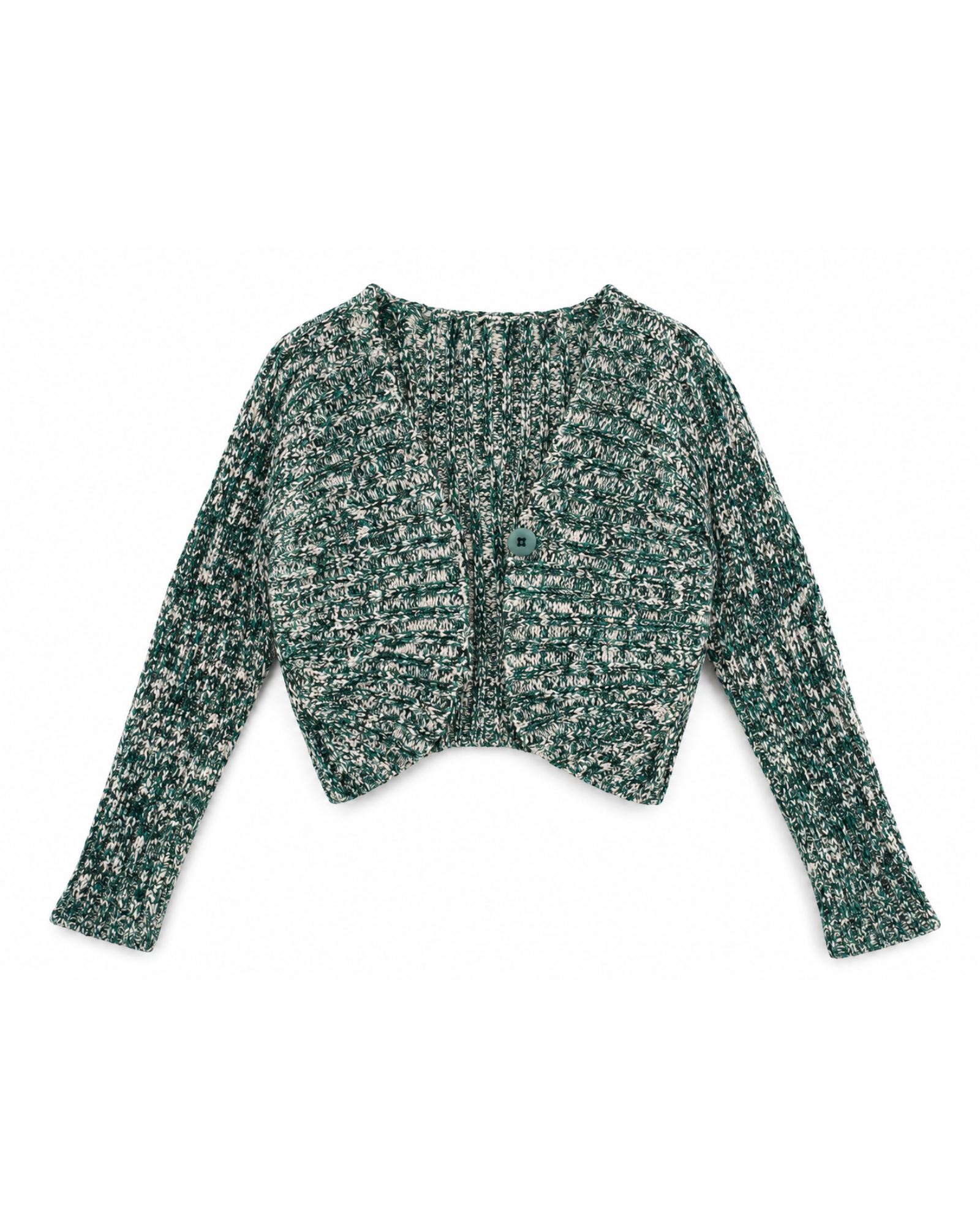 Cardigan cropped BAZAR OFICIAL EFATA de tricô mesclado em tons de verde e off white com decote em V e botão frontal.