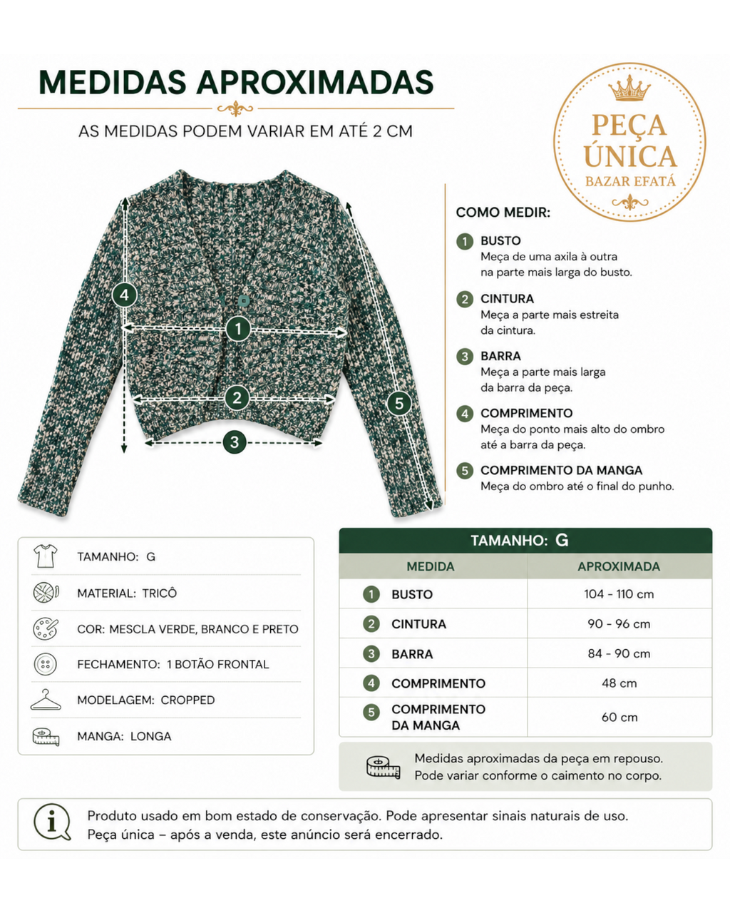 Cardigan cropped de tricô mesclado verde e off white com manga longa e botão frontal, Bazar Oficial Efata