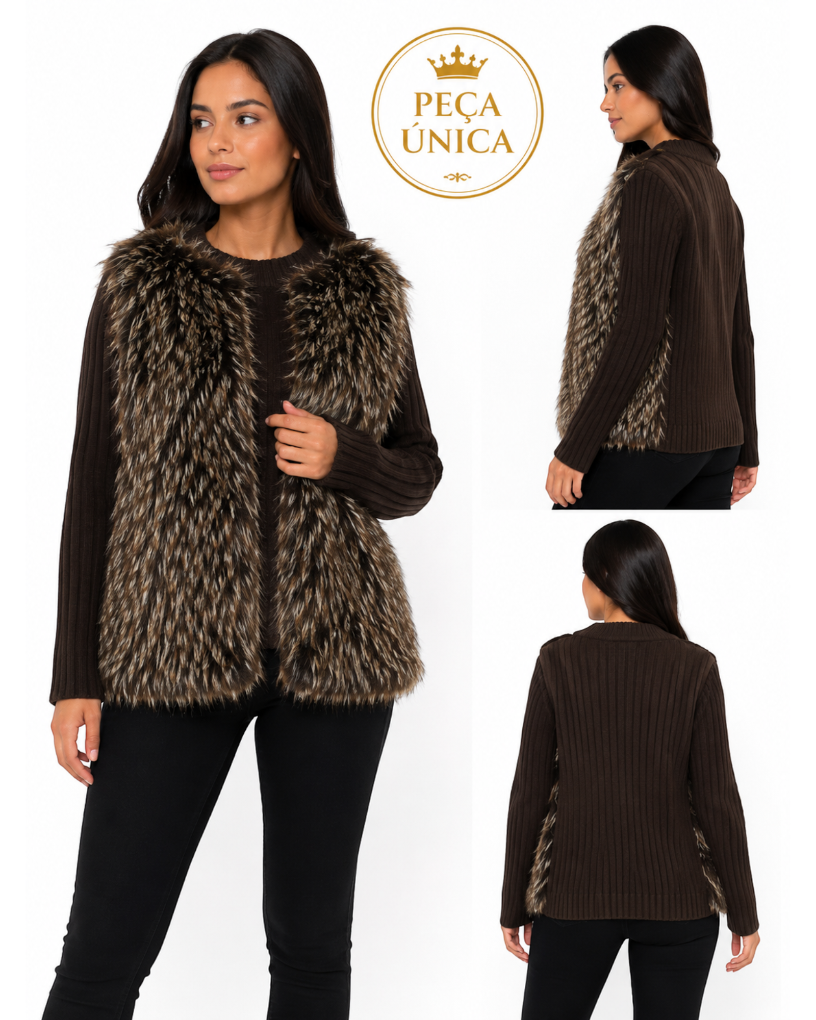 Colete feminino BAZAR OFICIAL EFATA de pelo sintético marrom mesclado com costas em tricô, estilo casual elegante.