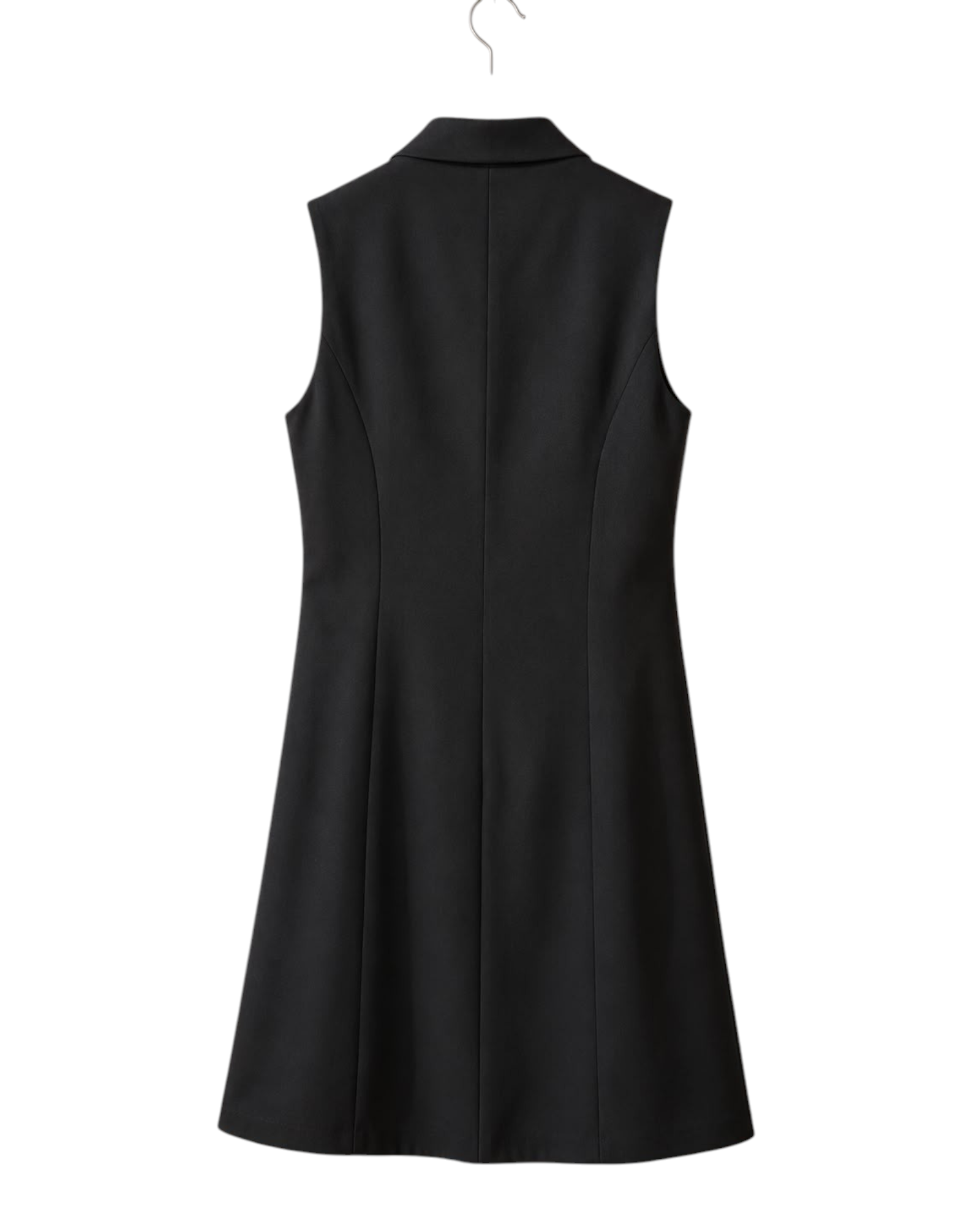Colete feminino longo preto BAZAR OFICIAL EFATA em alfaiataria, sem mangas, vista traseira em fundo branco.