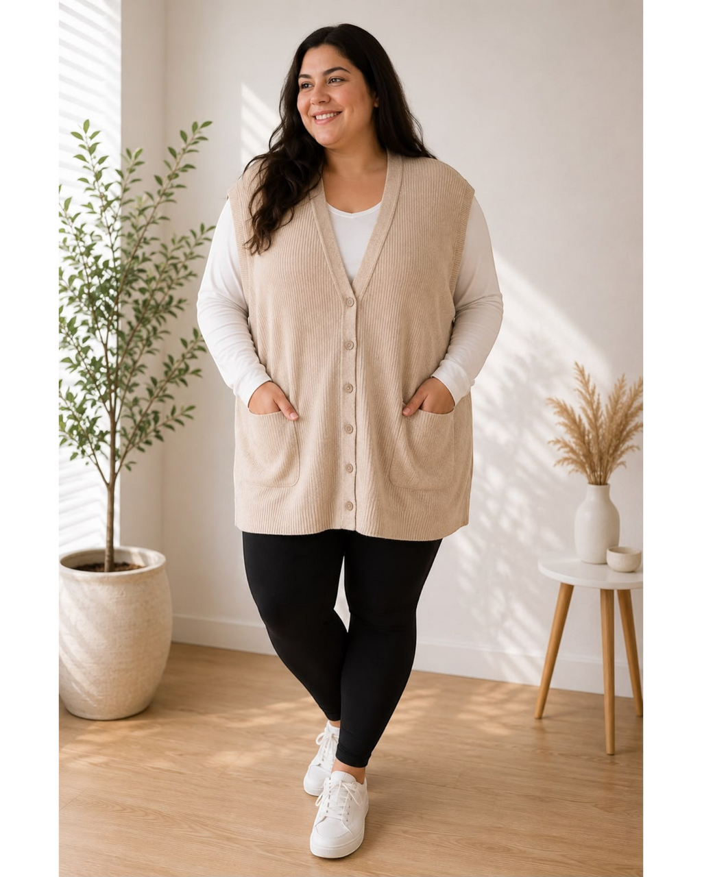 Modelo plus size usando colete alongado de tricô canelado bege com botões e bolsos, do BAZAR OFICIAL EFATA.