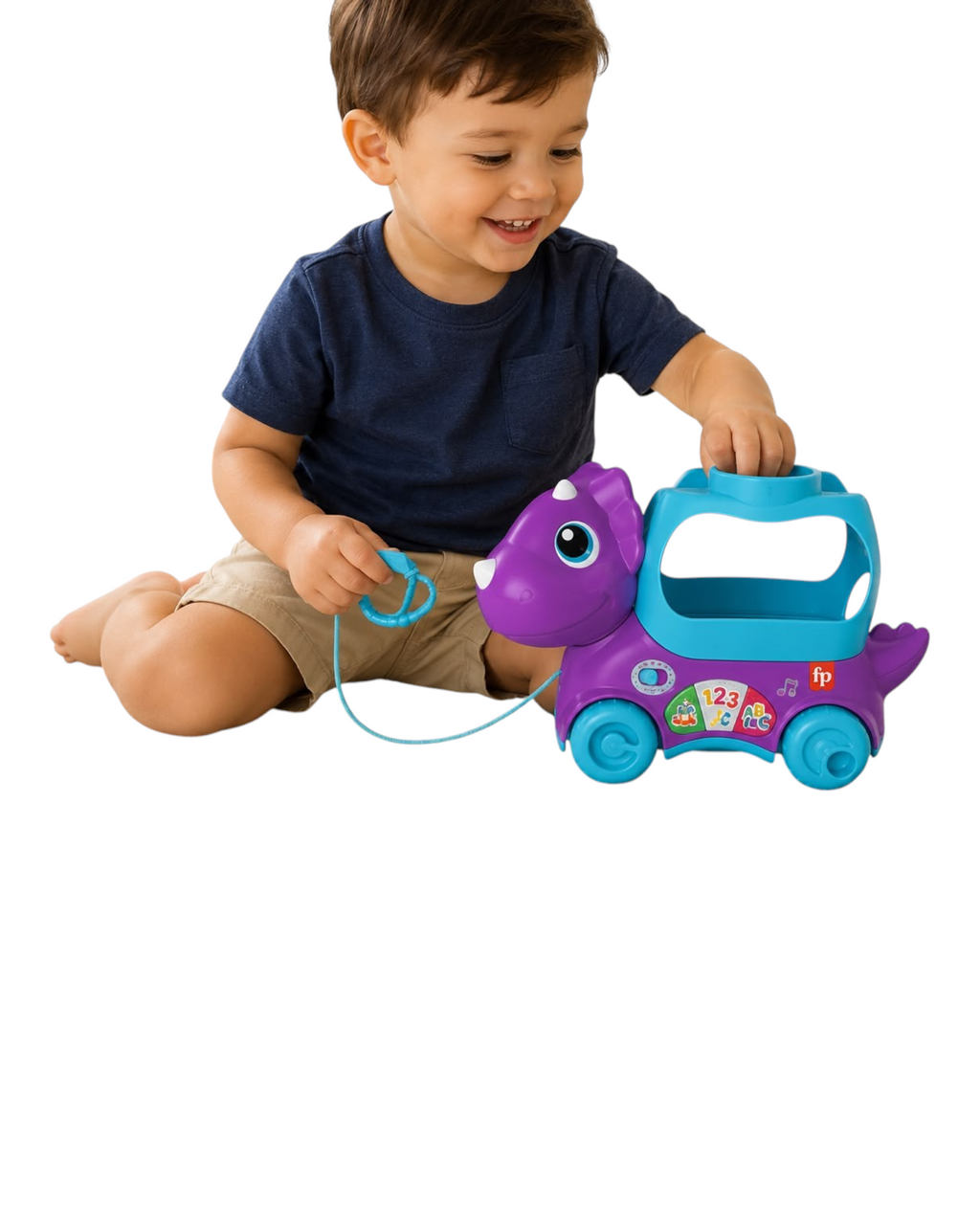Criança brincando com dinossauro de puxar Fisher-Price roxo e azul com atividades educativas da BAZAR OFICIAL EFATA
