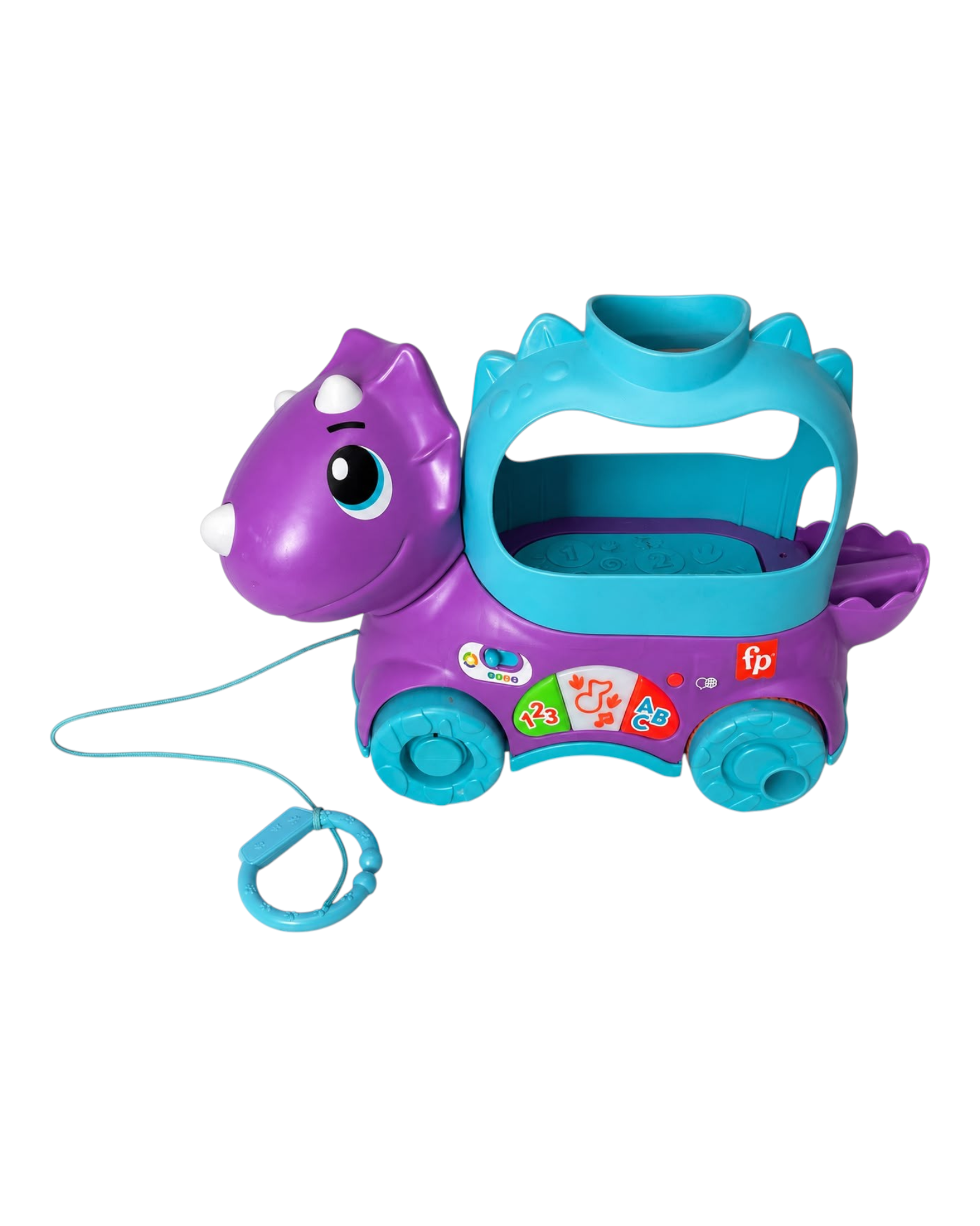 Dinossauro de puxar Fisher-Price BAZAR OFICIAL EFATA roxo e azul com botões educativos e rodinhas.