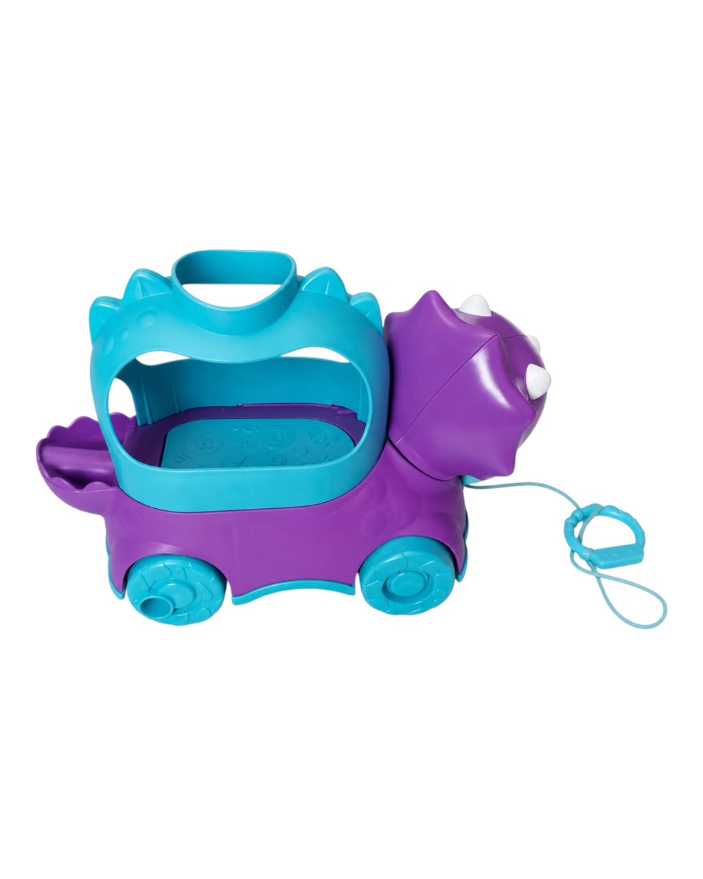 Dinossauro de puxar Fisher-Price da BAZAR OFICIAL EFATA em plástico roxo e azul com rodinhas e cordão educativo