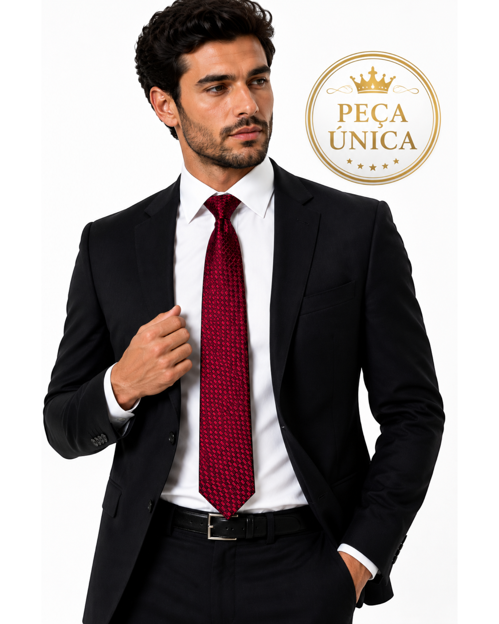 Homem vestindo terno preto e camisa branca com gravata BOSS Hugo Boss bordô de estampa geométrica da BAZAR OFICIAL EFATA