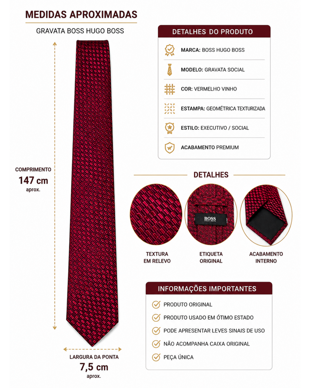 Gravata BAZAR OFICIAL EFATA BOSS Hugo Boss vermelha bordô com estampa geométrica texturizada e acabamento premium