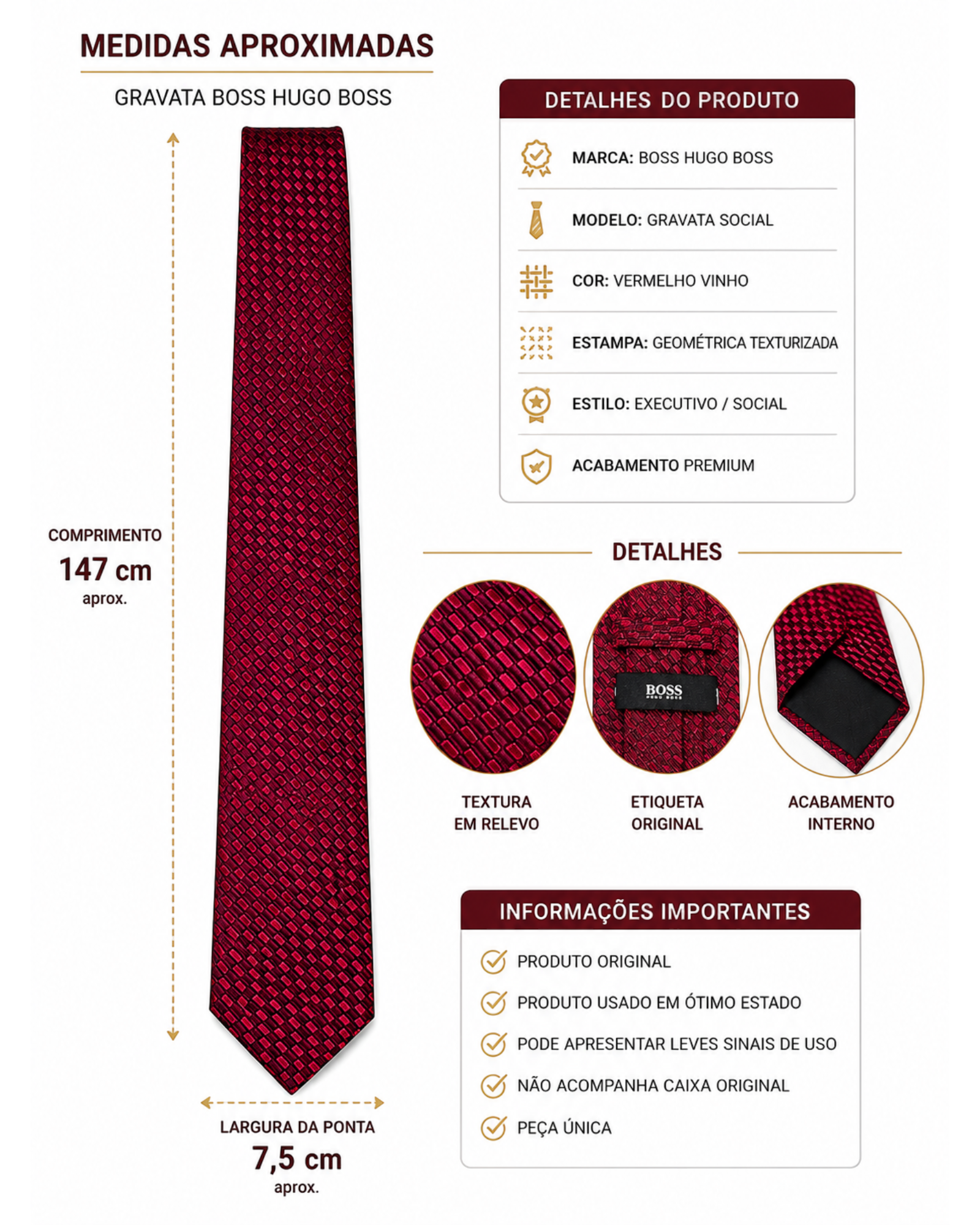 Gravata BAZAR OFICIAL EFATA BOSS Hugo Boss vermelha bordô com estampa geométrica texturizada e acabamento premium