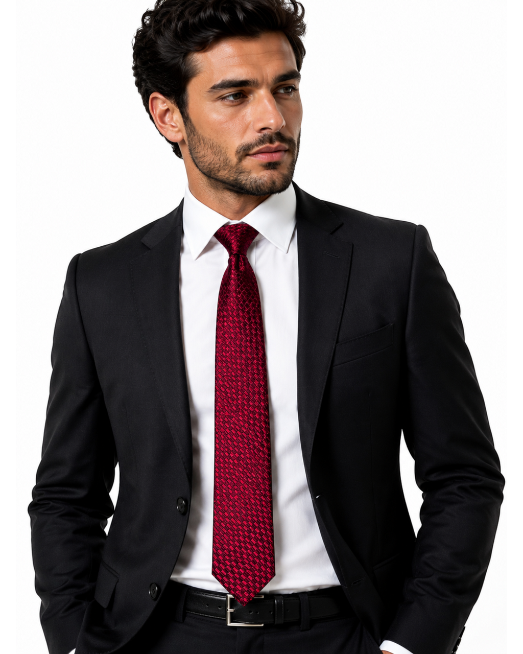 Homem vestindo terno preto e camisa branca com gravata BAZAR OFICIAL EFATA BOSS Hugo Boss vermelha bordô texturizada