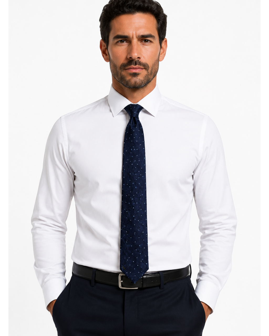 Gravata Hugo Boss azul-marinho com estampa geométrica em homem vestindo camisa social branca, BAZAR OFICIAL EFATA.