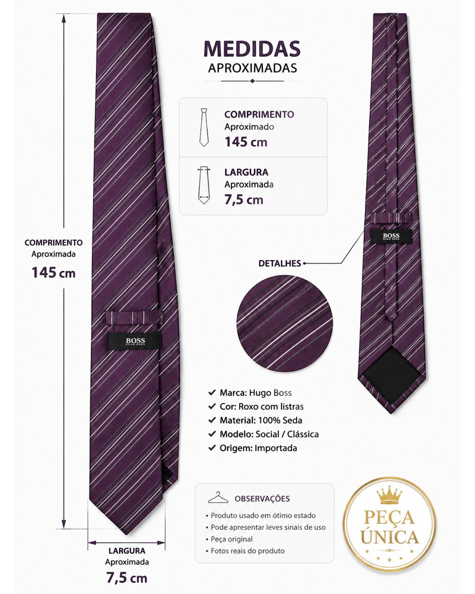 Gravata BAZAR OFICIAL EFATA Hugo Boss roxa de seda com listras diagonais, exibindo medidas e detalhes do produto.