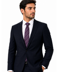 Homem vestindo terno escuro com gravata roxa listrada BAZAR OFICIAL EFATA, ideal para eventos sociais e corporativos.