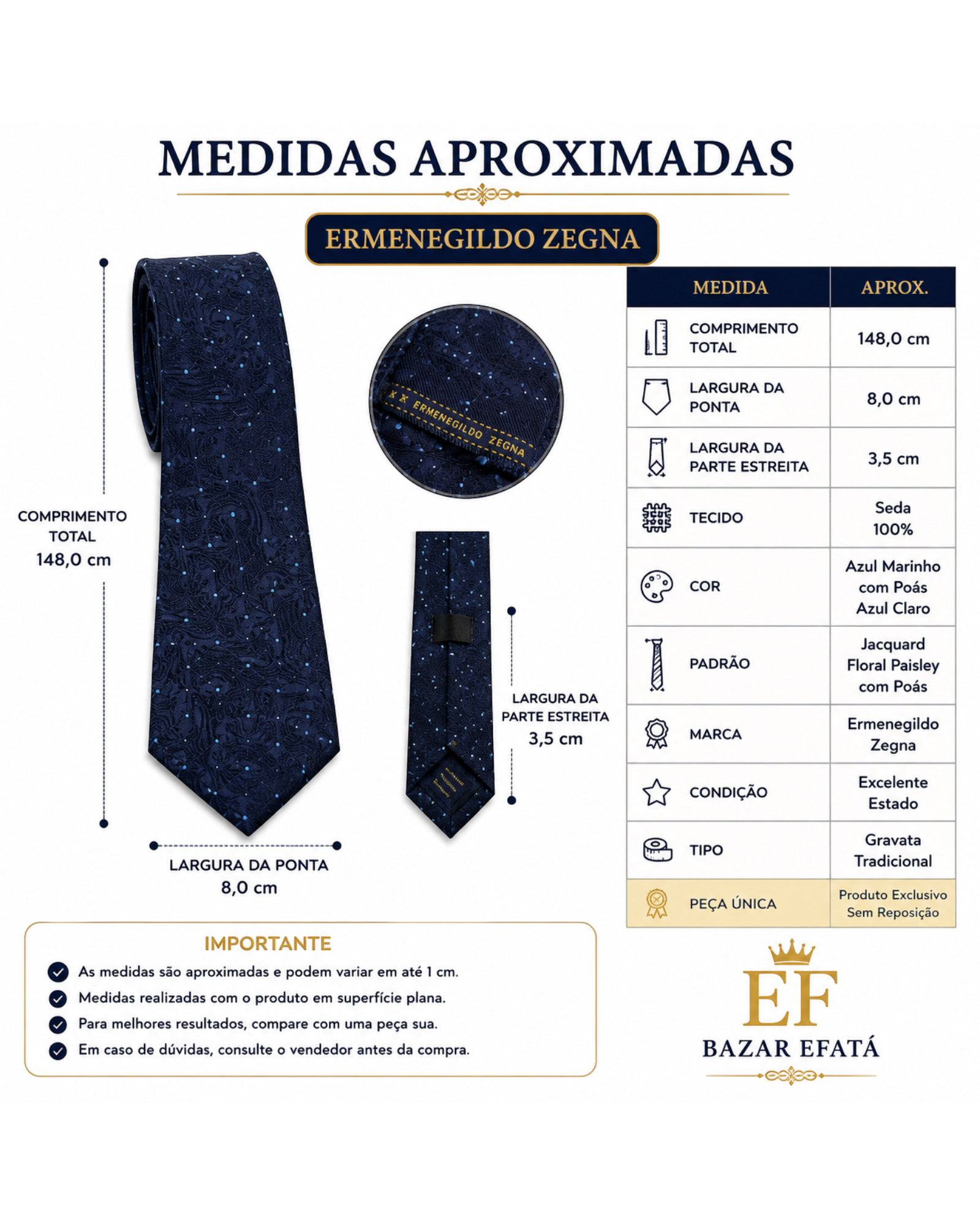 Gravata BAZAR OFICIAL EFATA azul marinho de seda Ermenegildo Zegna com estampa floral paisley e poás, vista detalhada.