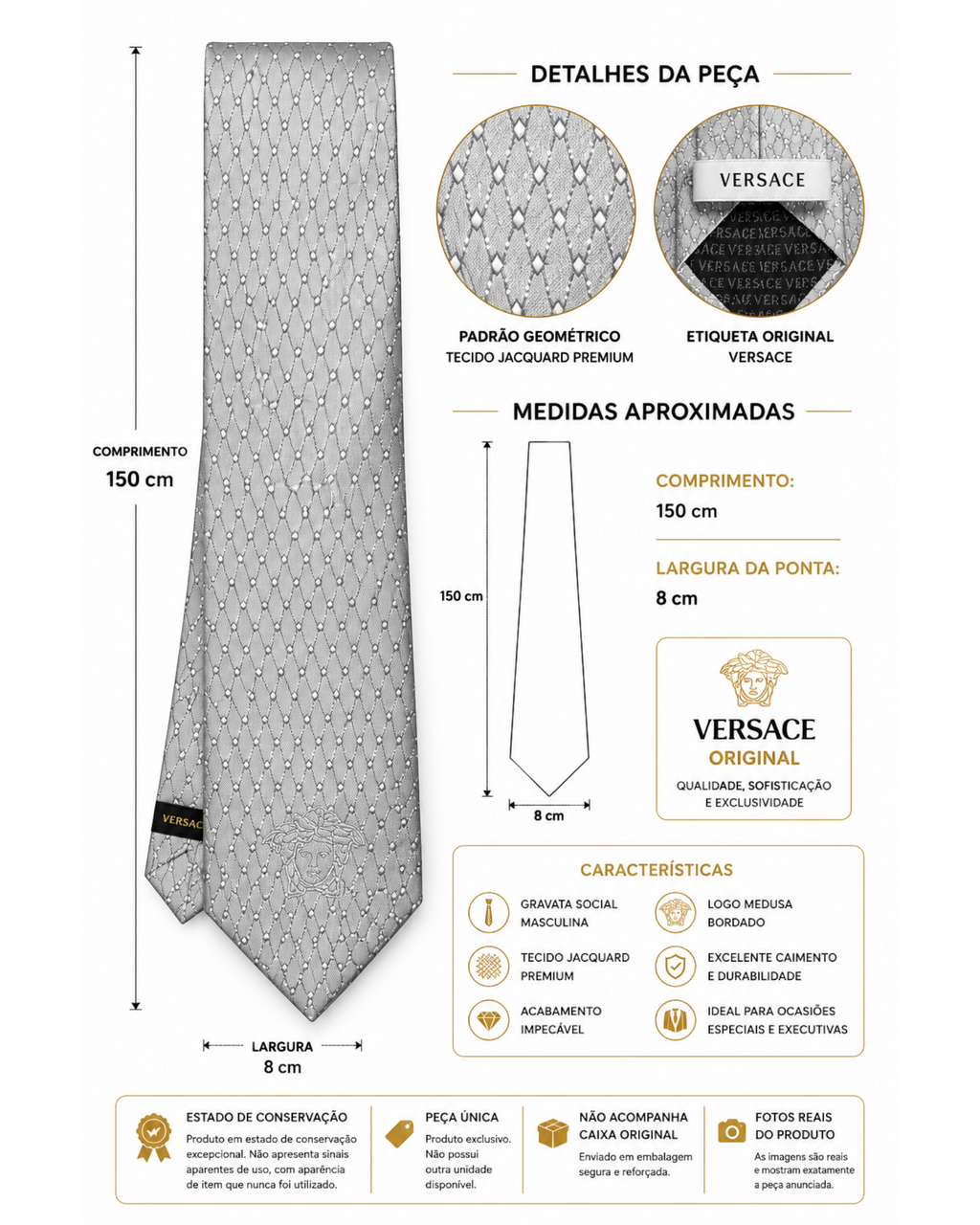 Gravata Versace BAZAR OFICIAL EFATA prata em jacquard com estampa geométrica e logo Medusa, ideal para eventos sociais.