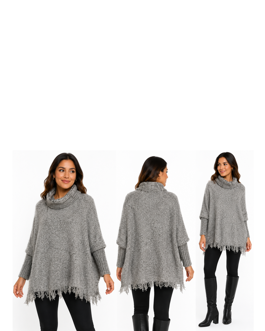 BAZAR OFICIAL EFATA poncho de tricô cinza mesclado com gola alta, mangas longas e barra com franjas em modelo