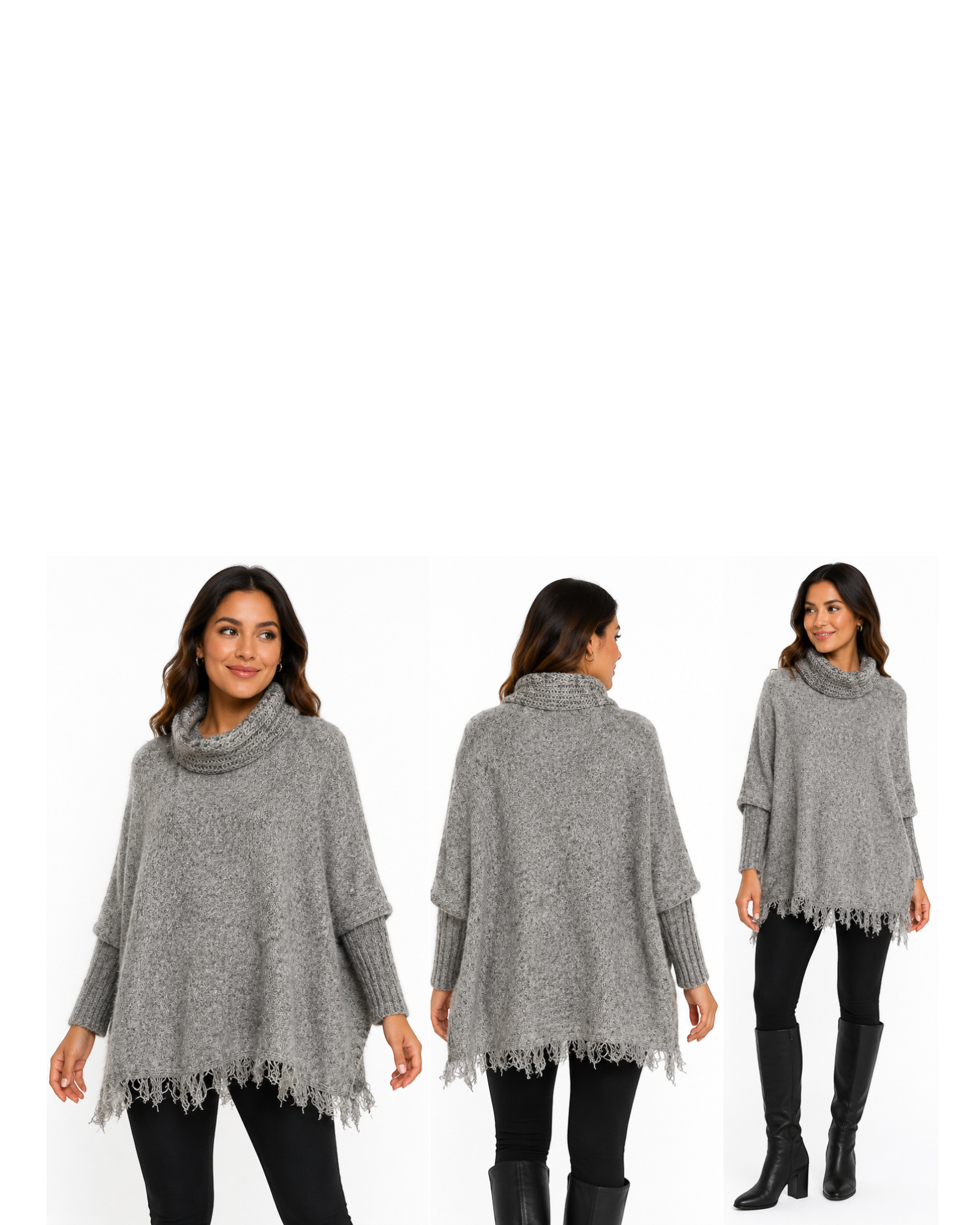 BAZAR OFICIAL EFATA poncho de tricô cinza mesclado com gola alta, mangas longas e barra com franjas em modelo