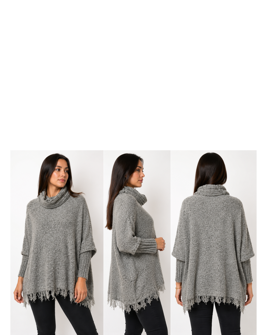 Poncho feminino de tricô cinza mesclado BAZAR OFICIAL EFATA com gola alta, mangas longas e barra com franjas.