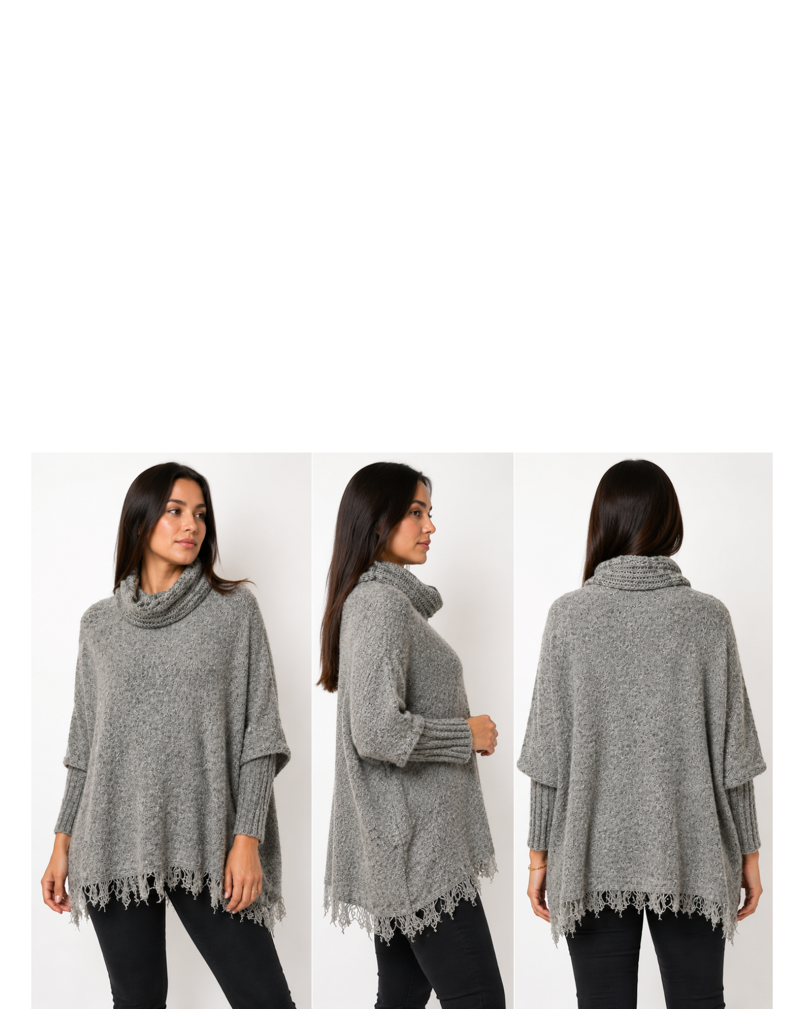Poncho feminino de tricô cinza mesclado BAZAR OFICIAL EFATA com gola alta, mangas longas e barra com franjas.