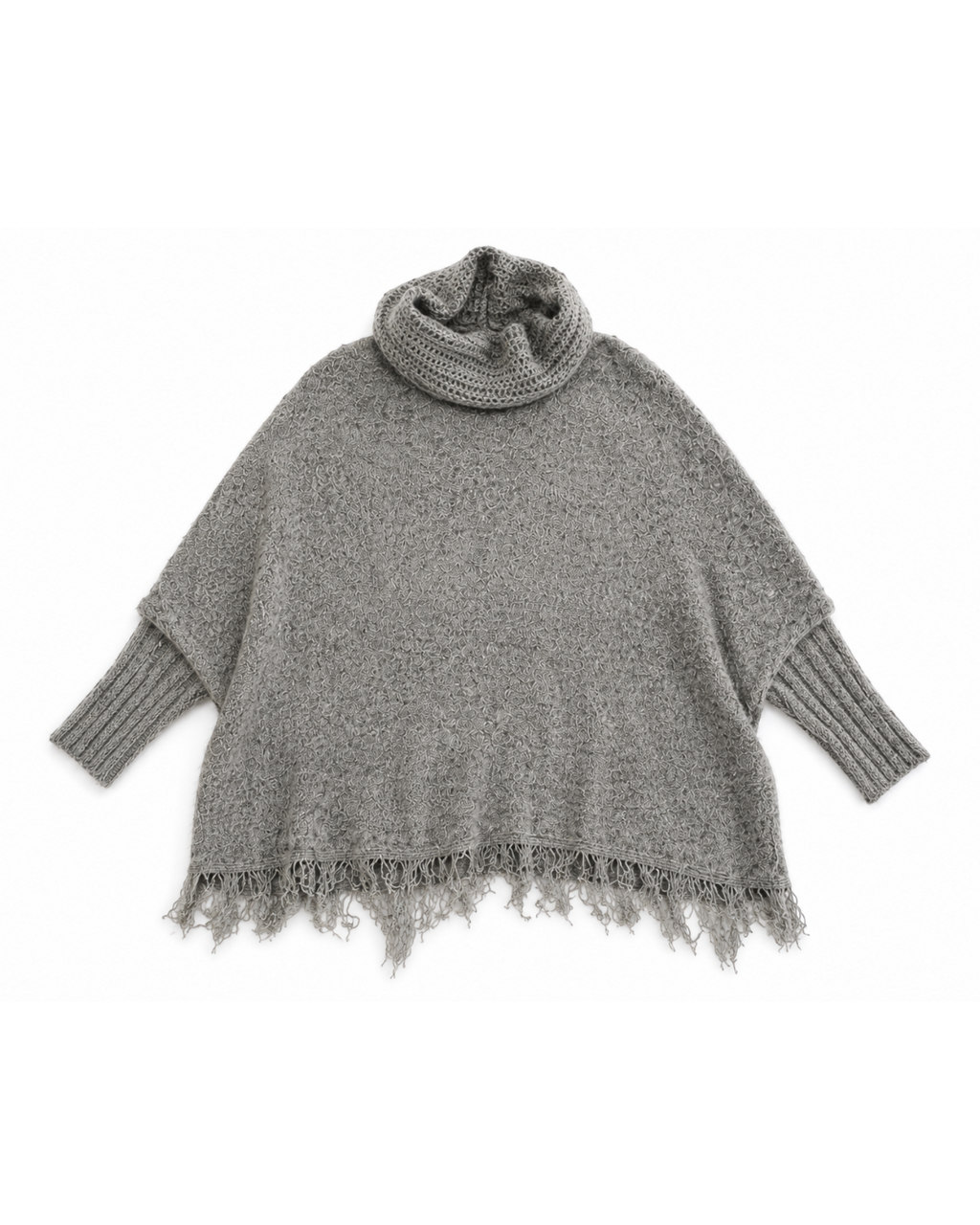 Poncho feminino BAZAR OFICIAL EFATA de tricô cinza mesclado, gola alta, mangas longas com punhos e barra com franjas.