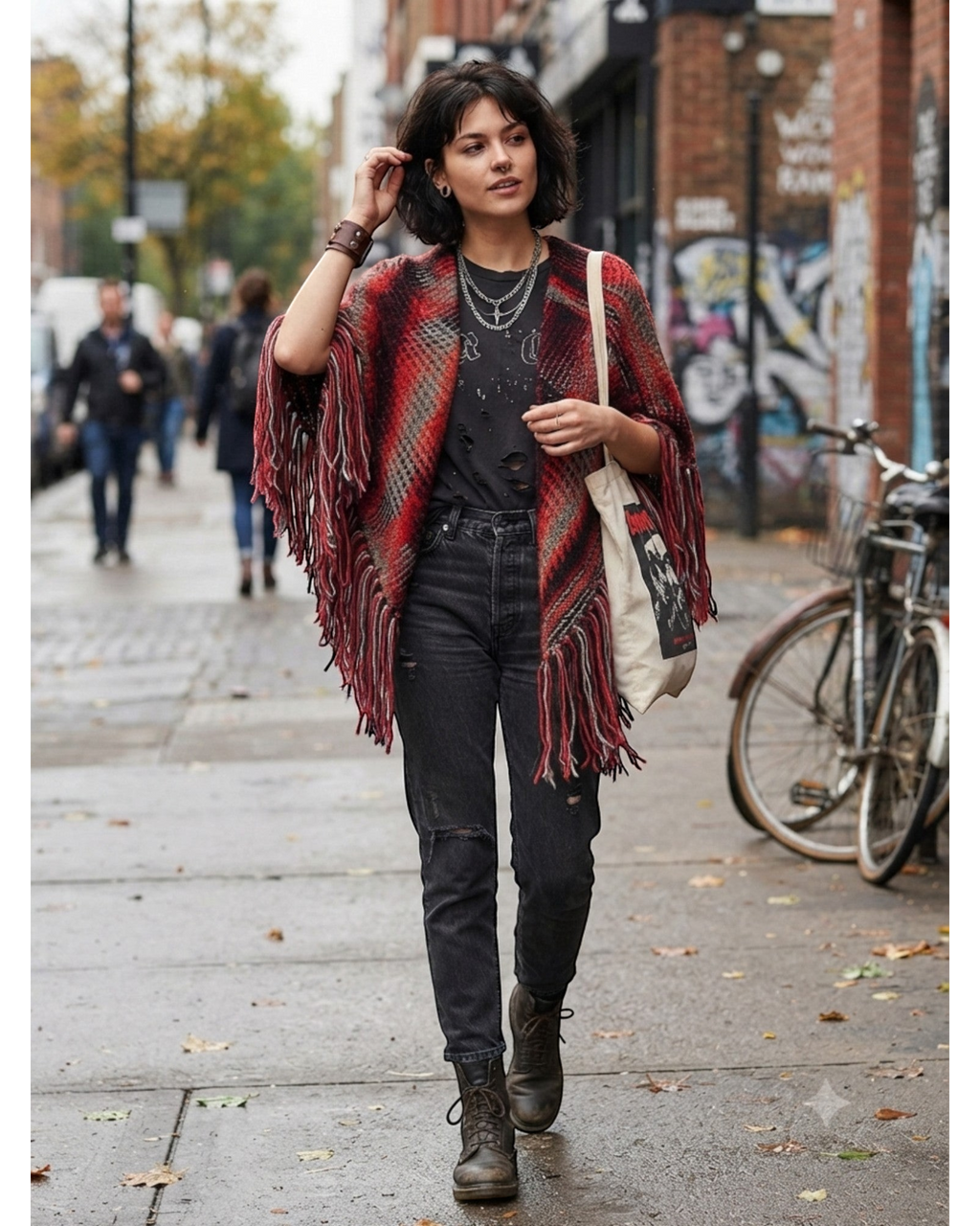 Modelo usando poncho BAZAR OFICIAL EFATA de tricô listrado em vermelho, preto e cinza com franjas estilo boho chic