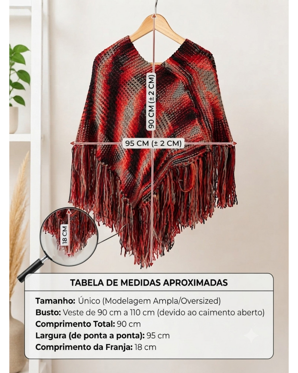 Poncho BAZAR OFICIAL EFATA listrado em tricô vermelho, preto e cinza com franjas, estilo boho chic, tamanho único.