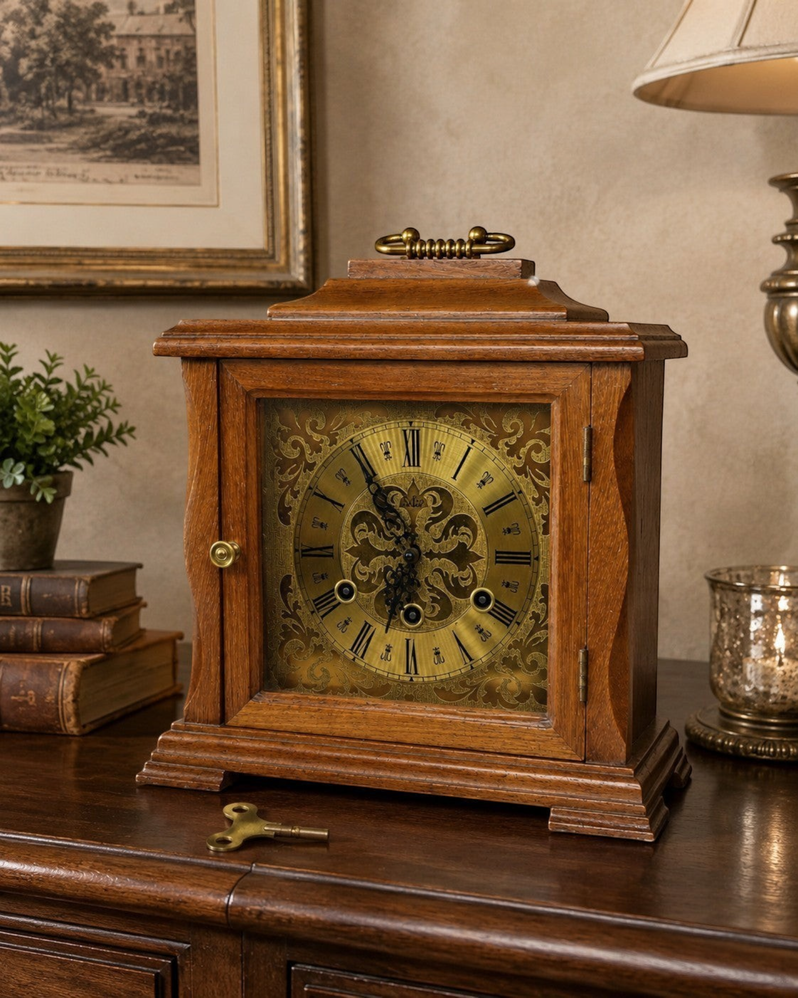 Relógio vintage Silco de mesa em madeira com mostrador dourado, números romanos e chave de corda, Bazar Oficial Efata.