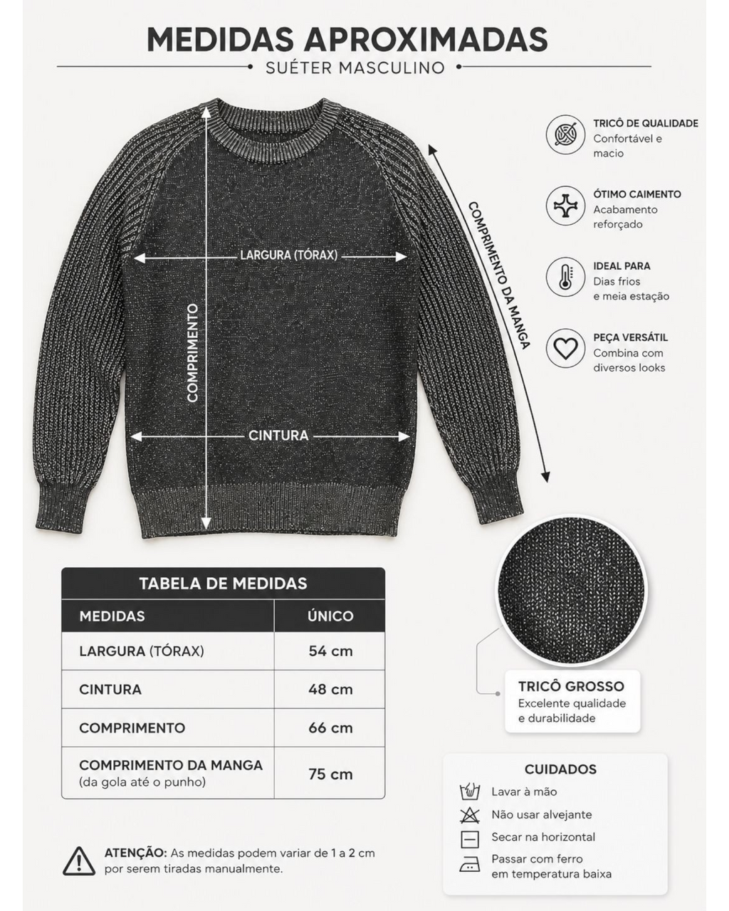 Suéter masculino BAZAR OFICIAL EFATA de tricô preto mesclado com gola redonda, mangas texturizadas e guia de medidas.