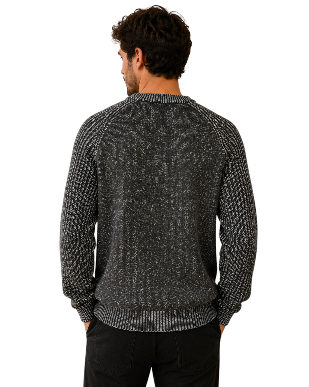 Vista traseira de suéter masculino BAZAR OFICIAL EFATA em tricô preto mesclado com mangas texturizadas e gola redonda.