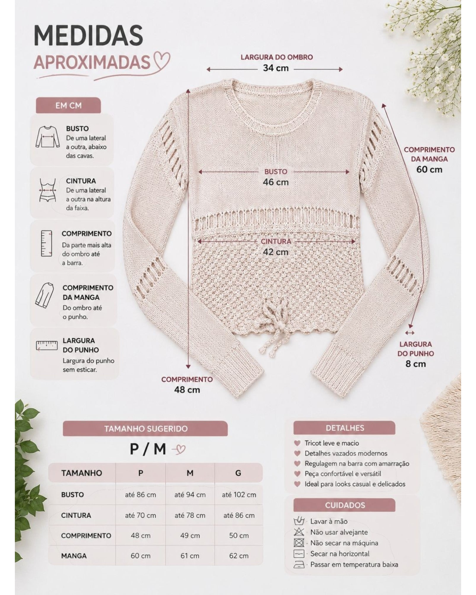 Tabela de medidas do suéter feminino BAZAR OFICIAL EFATA em tricô bege com detalhes vazados e amarração frontal.