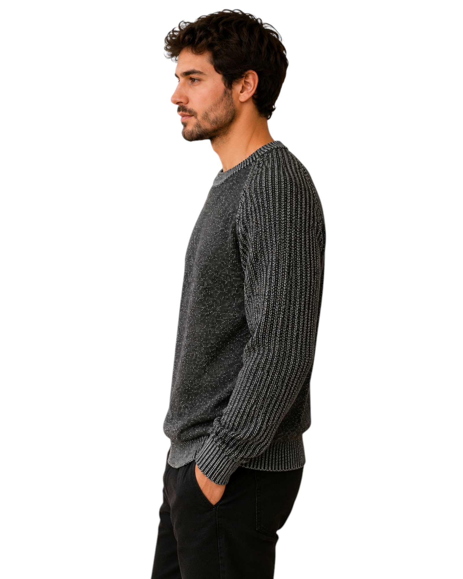 Suéter masculino BAZAR OFICIAL EFATA de tricô preto mesclado com gola redonda e mangas texturizadas em vista lateral