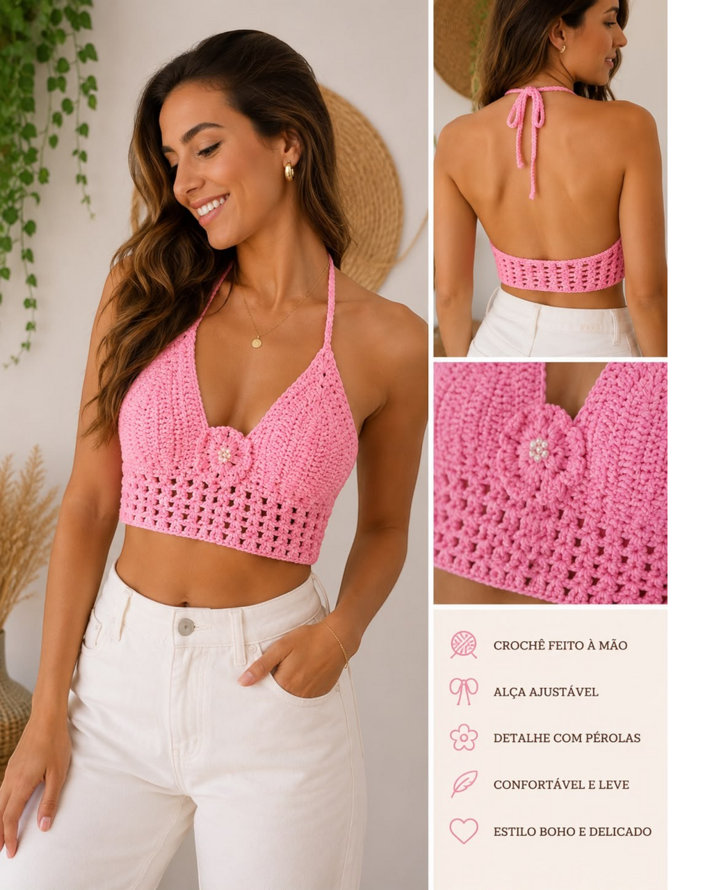 Top cropped rosa de crochê artesanal BAZAR OFICIAL EFATA com decote em V, flor central com pérolas e alças ajustáveis.