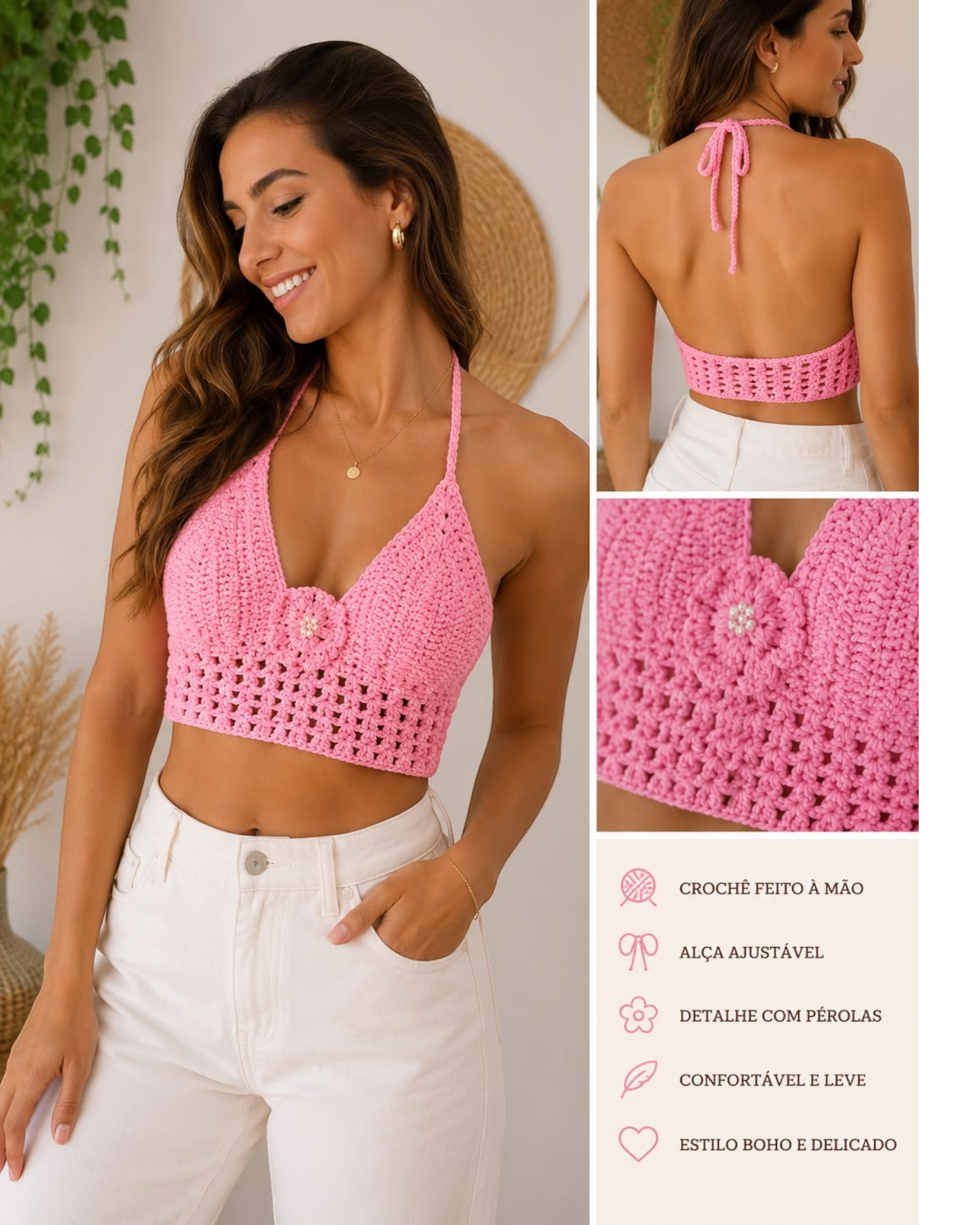 Top cropped rosa de crochê artesanal BAZAR OFICIAL EFATA com decote em V, flor central com pérolas e alças ajustáveis.