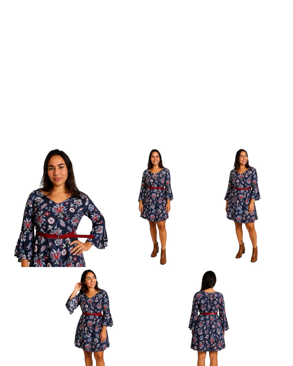 Modelo vestindo vestido floral azul-marinho com manga flare, decote V e cinto vermelho, da BAZAR OFICIAL EFATA.