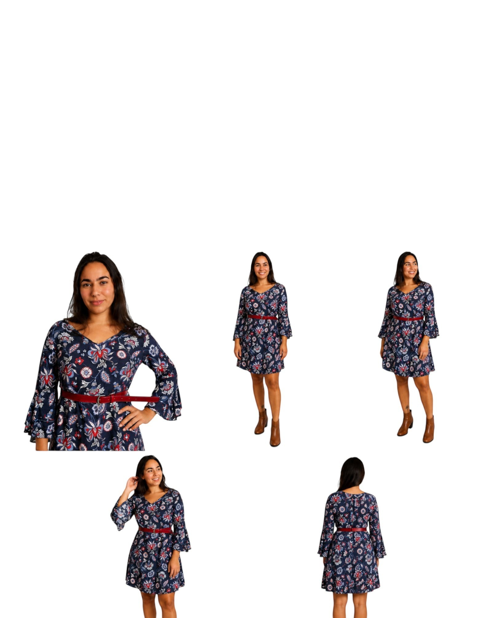 Modelo vestindo vestido floral azul-marinho com manga flare, decote V e cinto vermelho, da BAZAR OFICIAL EFATA.