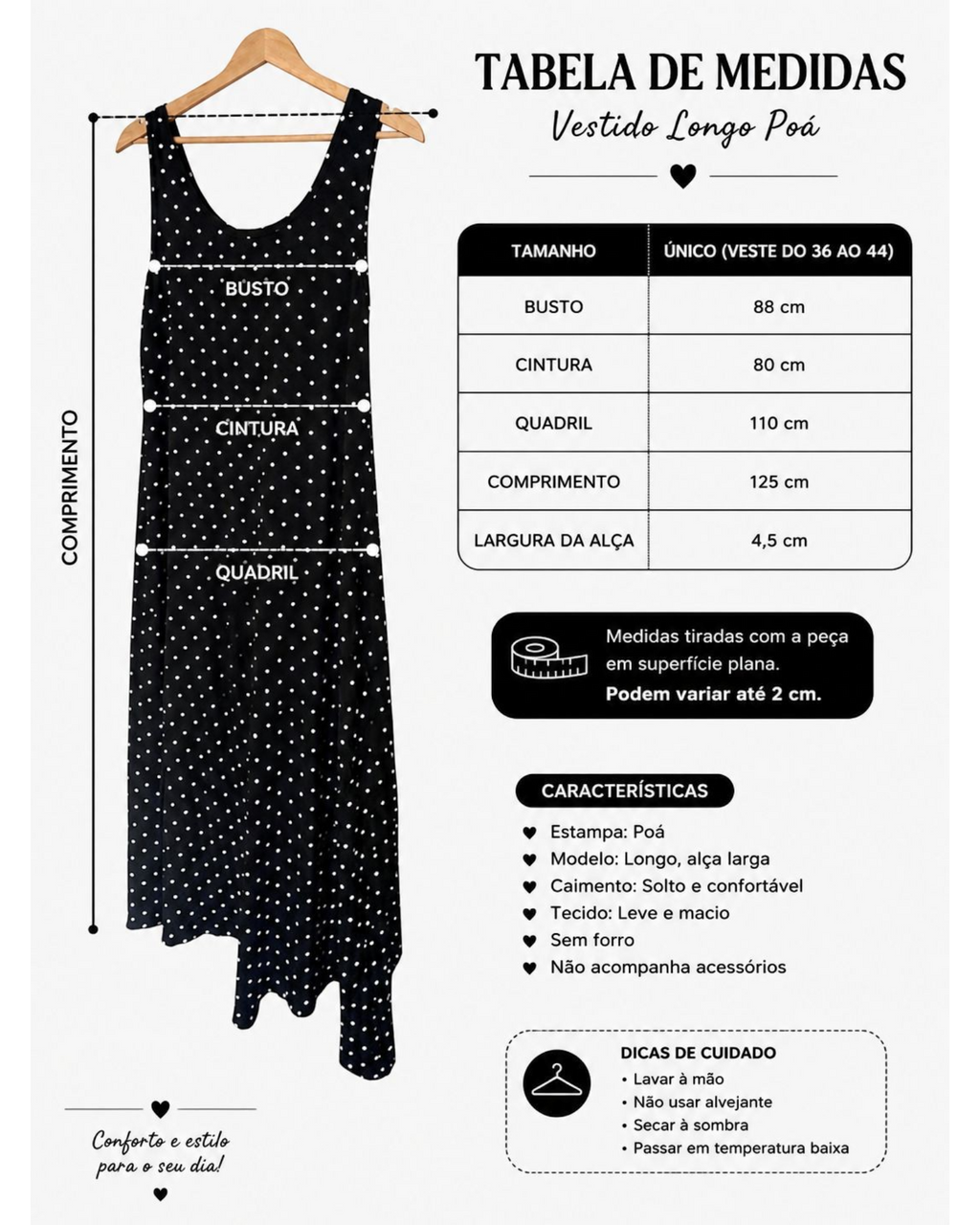 Vestido longo BAZAR OFICIAL EFATA preto com estampa de poá branco, alças largas e modelagem solta em cabide.